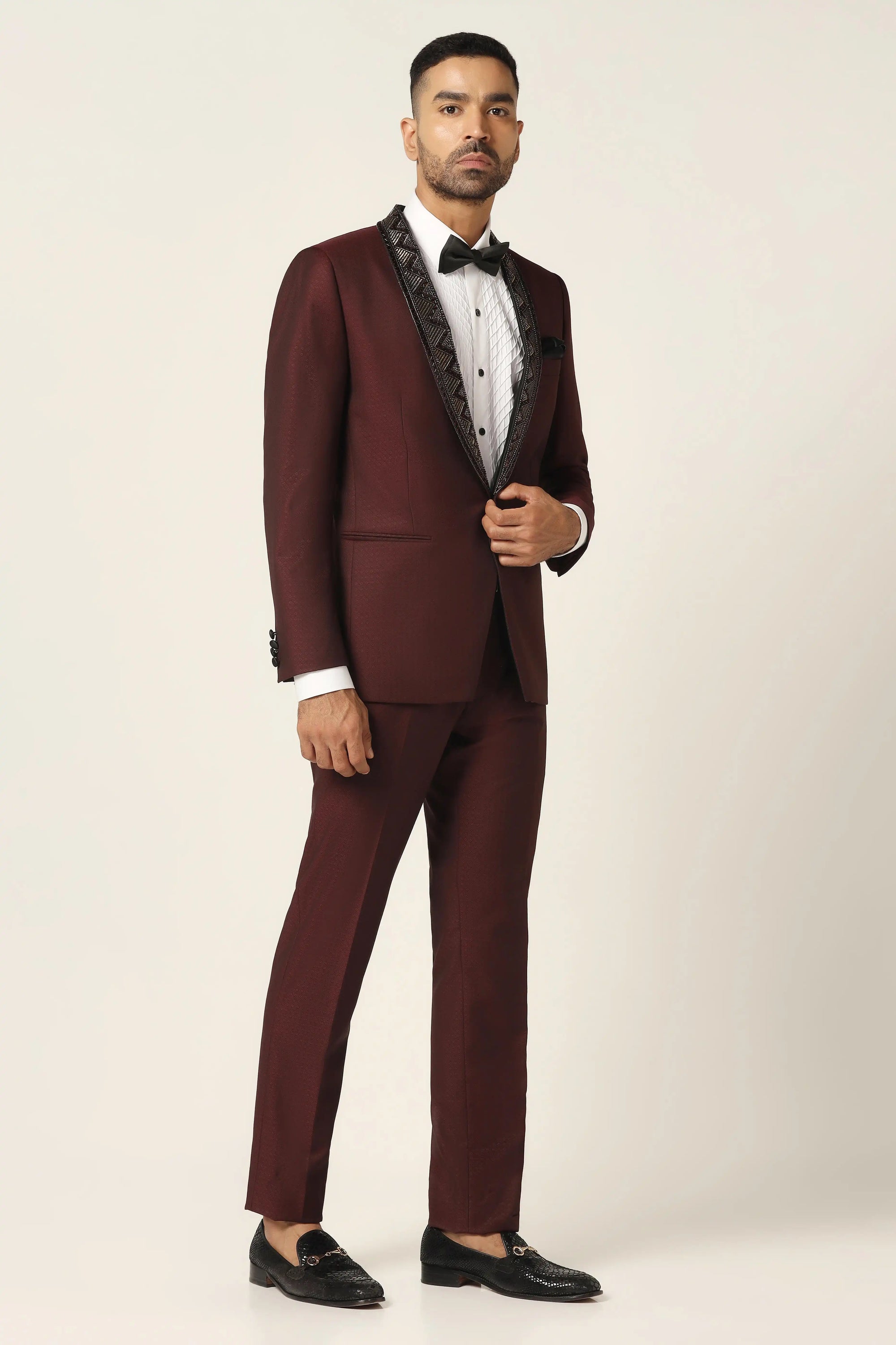 Elevate your style with our Wine Embroidered Tuxedo. Shop Now!