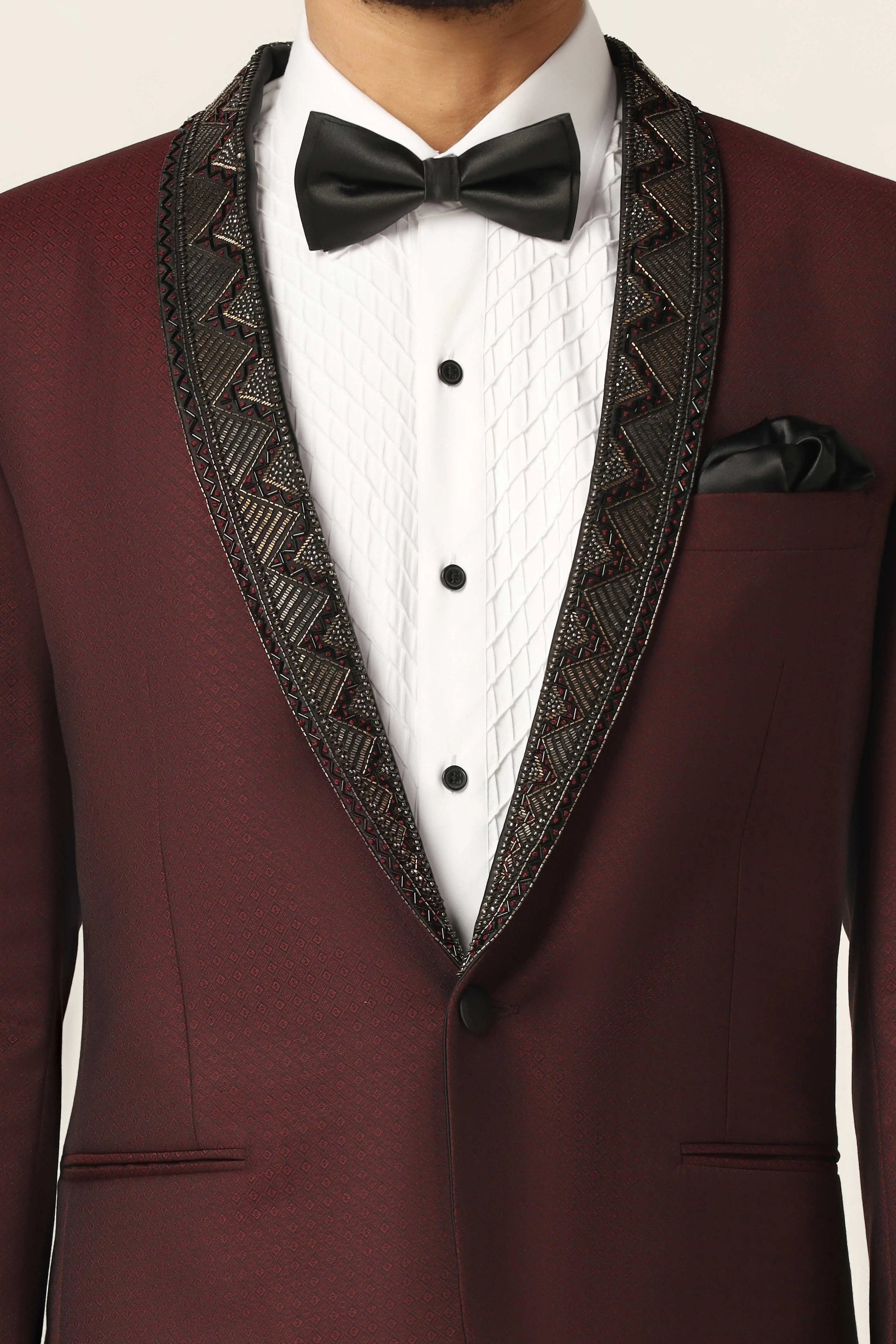 Elevate your style with our Wine Embroidered Tuxedo. Shop Now!