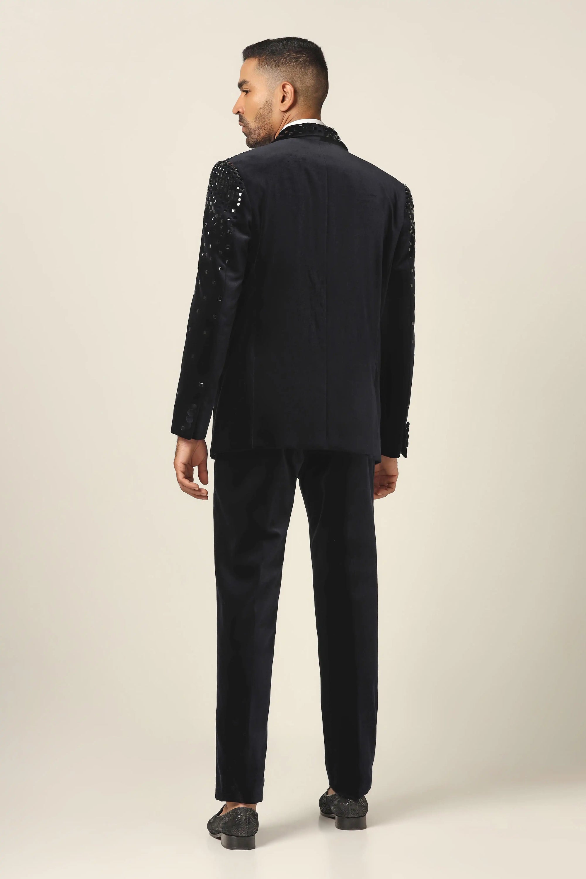 Discover timeless elegance with the Navy Mirror Embroidery Men’s Tuxedo. Shop Now!