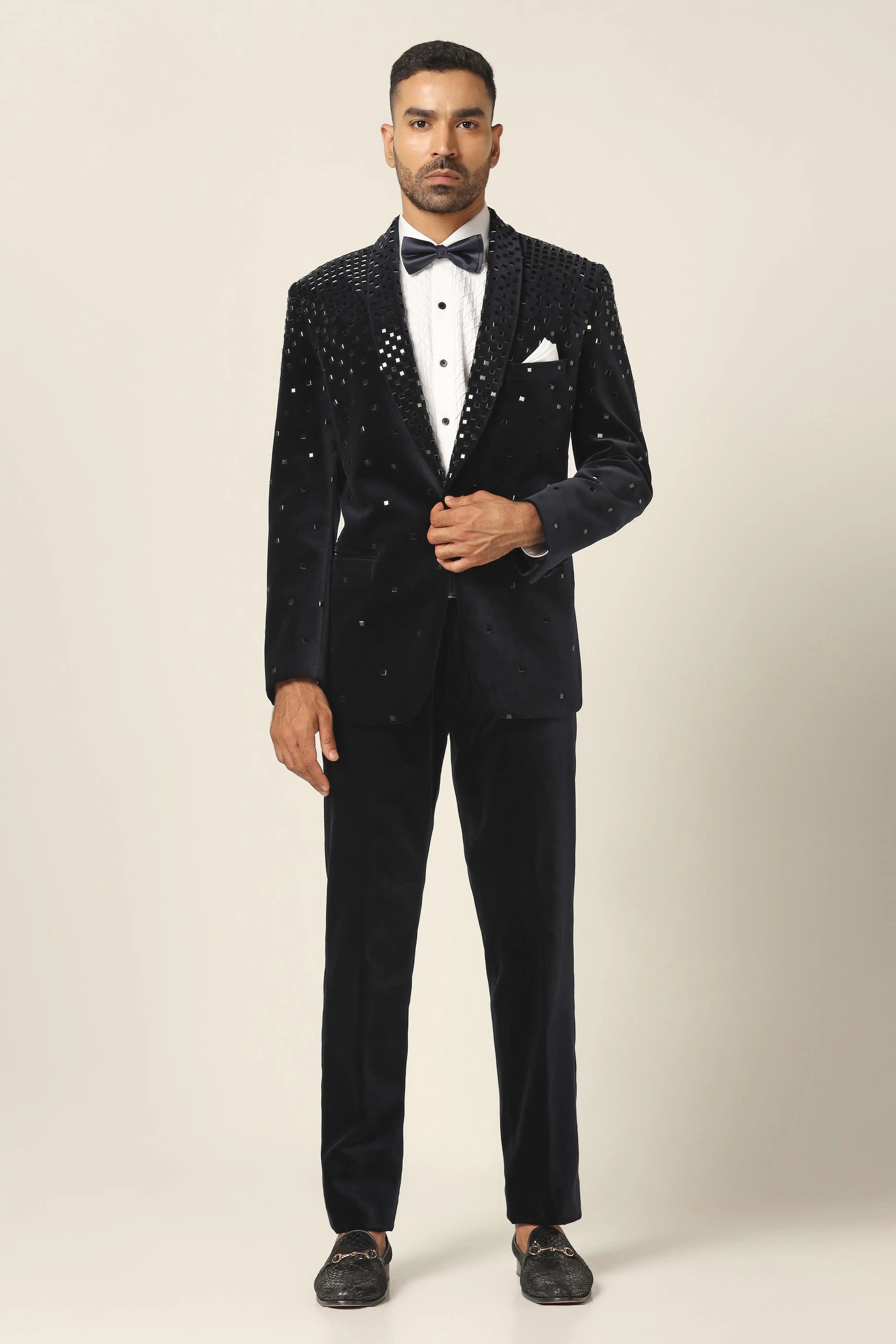 Discover timeless elegance with the Navy Mirror Embroidery Men’s Tuxedo. Shop Now!