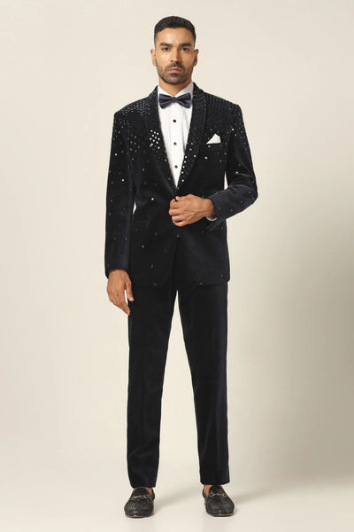 Dazzle in our Cotton Velvet Tuxedo with stunning Mirror embroidery. Jet black Trouser completes the ensemble for a bold and sophisticated look