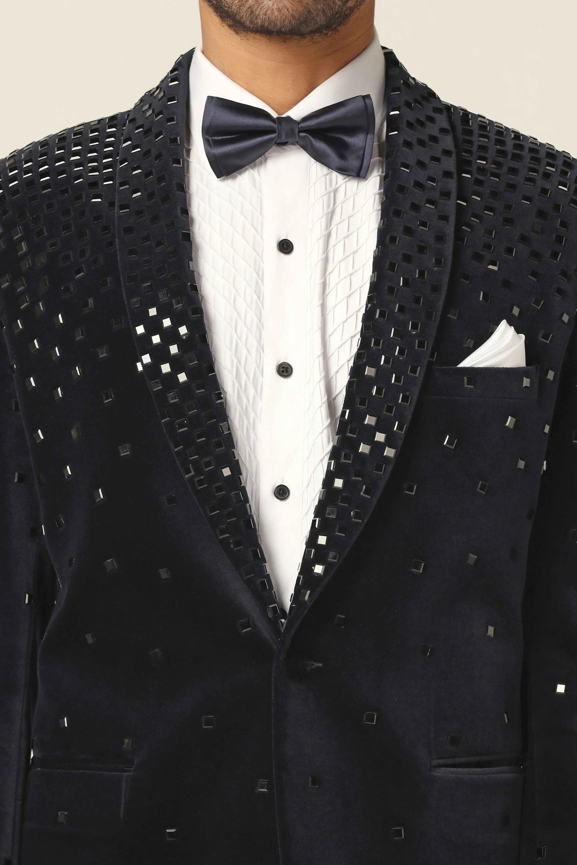 Discover timeless elegance with the Navy Mirror Embroidery Men’s Tuxedo. Shop Now!