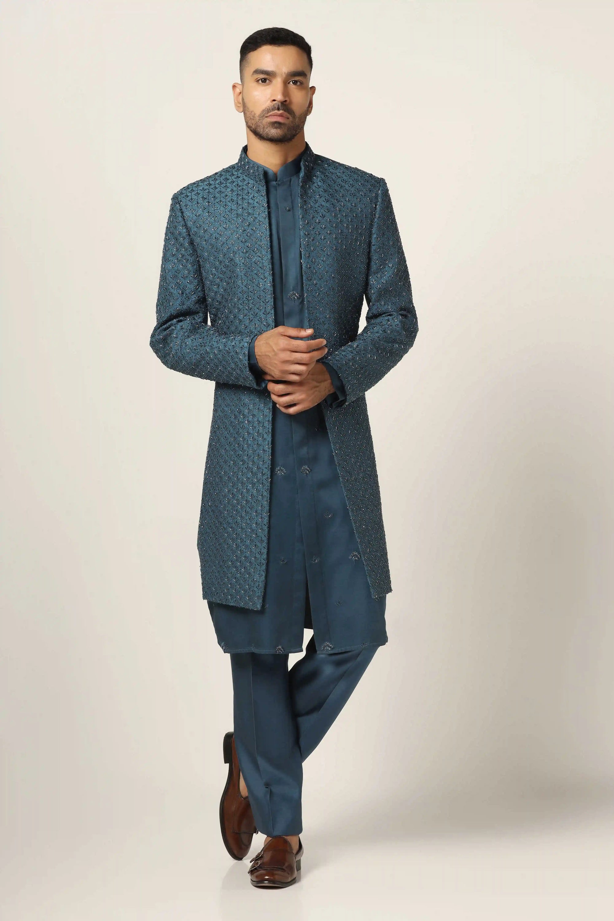 Flaunt your charm with the Teal Blue Indowestern outfit. Shop now!