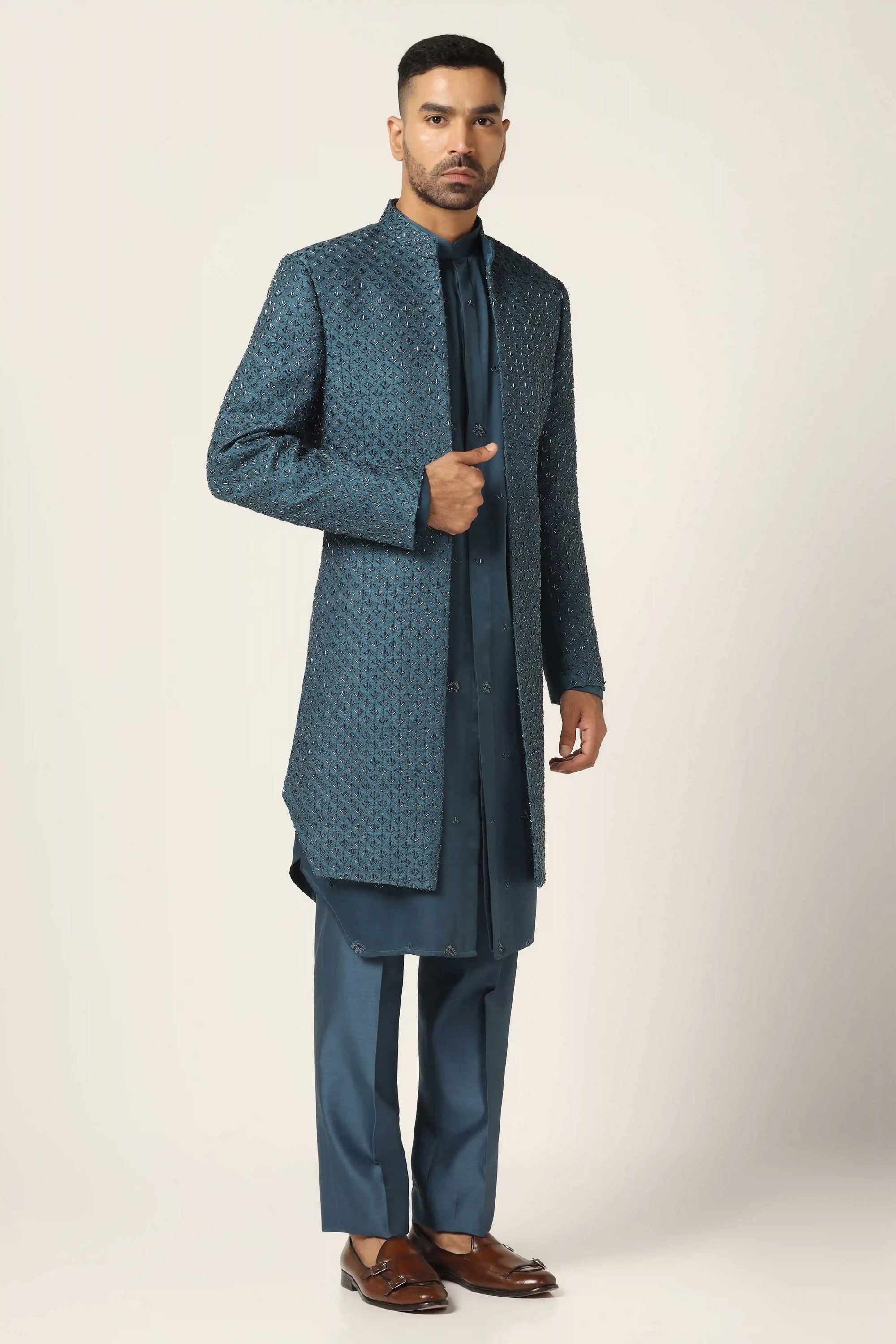 Flaunt your charm with the Teal Blue Indowestern outfit. Shop now!