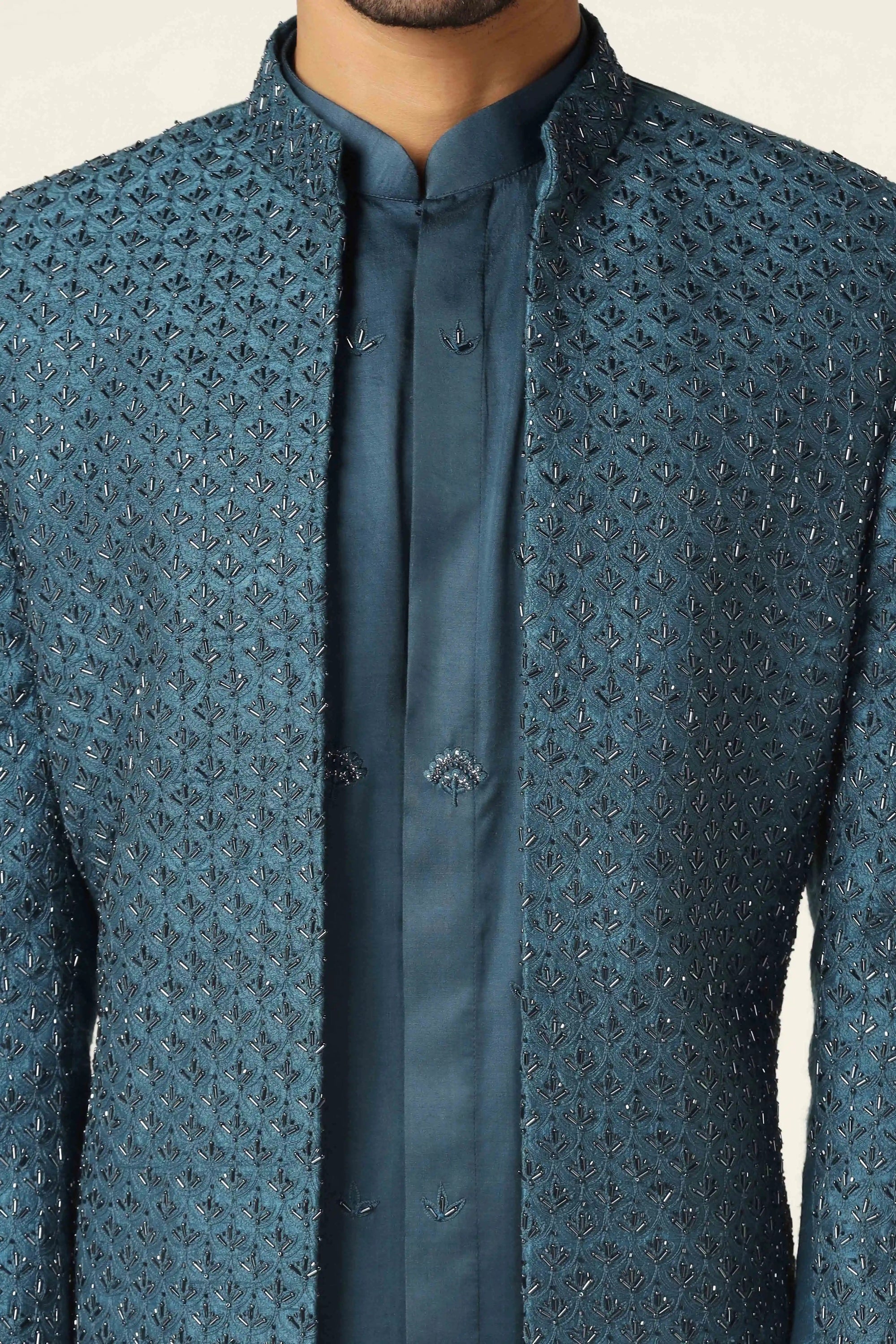 Flaunt your charm with the Teal Blue Indowestern outfit. Shop now!