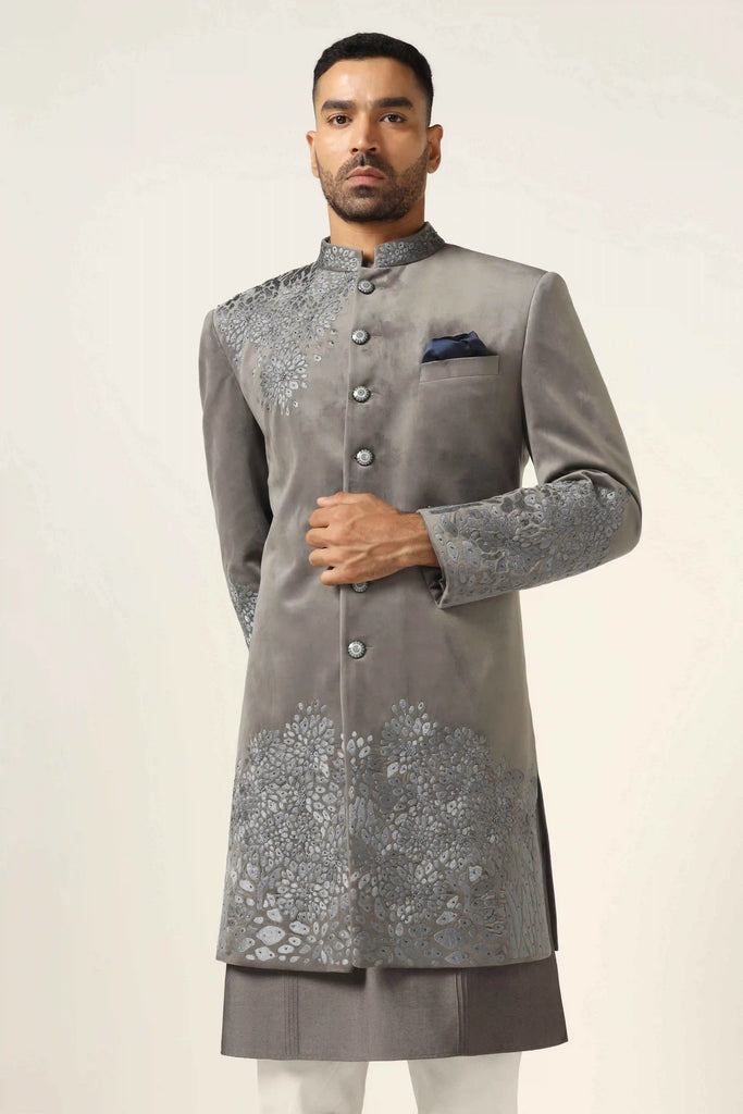 Elevate your style with our 100% cotton velvet Indo-western set, adorned with floral embroidery. Complete with a matching Kurta for a refined ensemble.