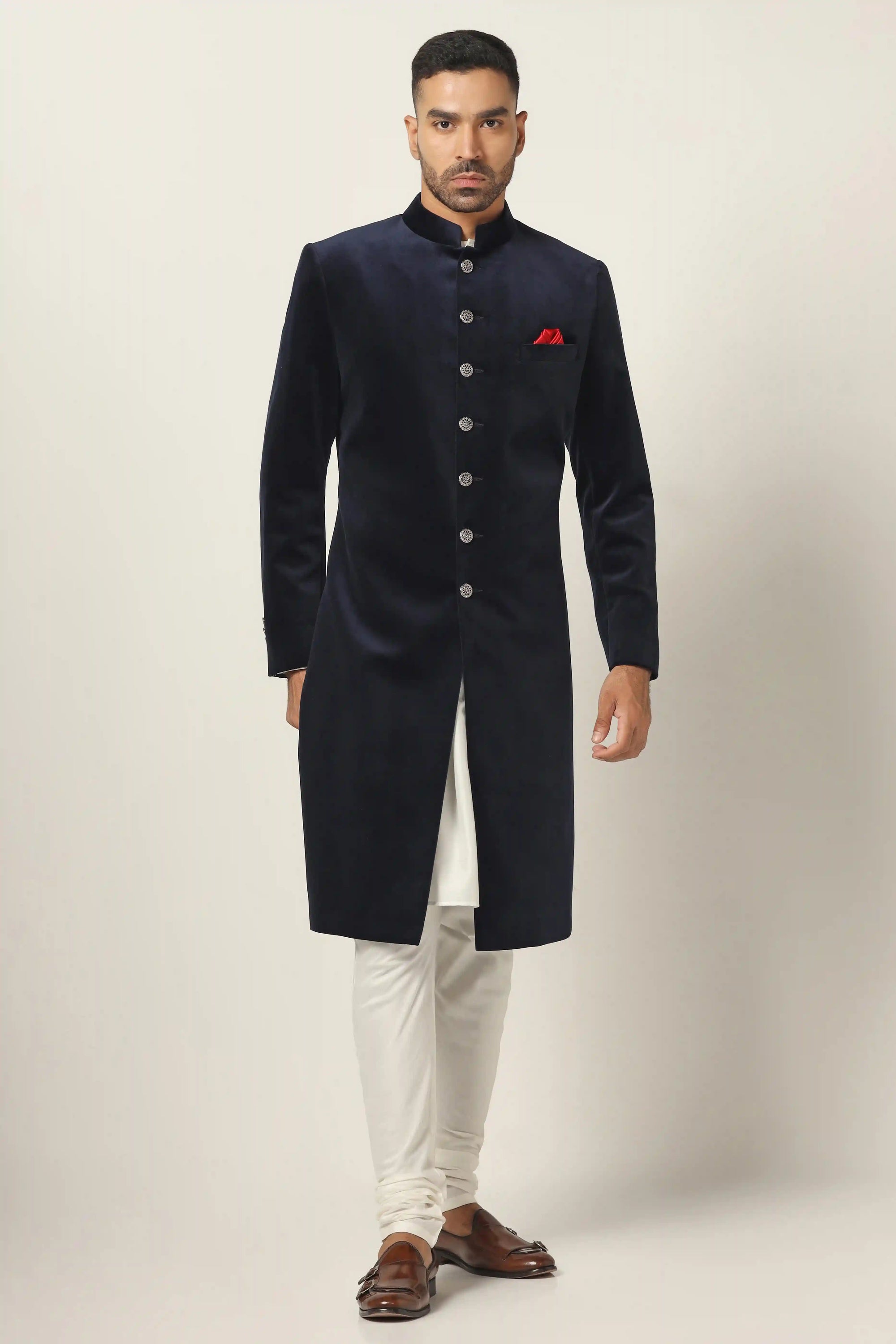 Redefine style and sophistication with the Navy Indowestern, crafted to perfection. Shop Now!