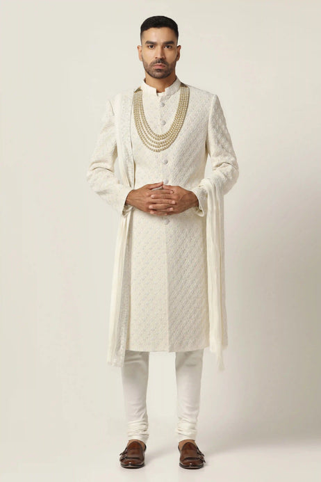 Brahaan Detailed Off-White Sherwani for Men