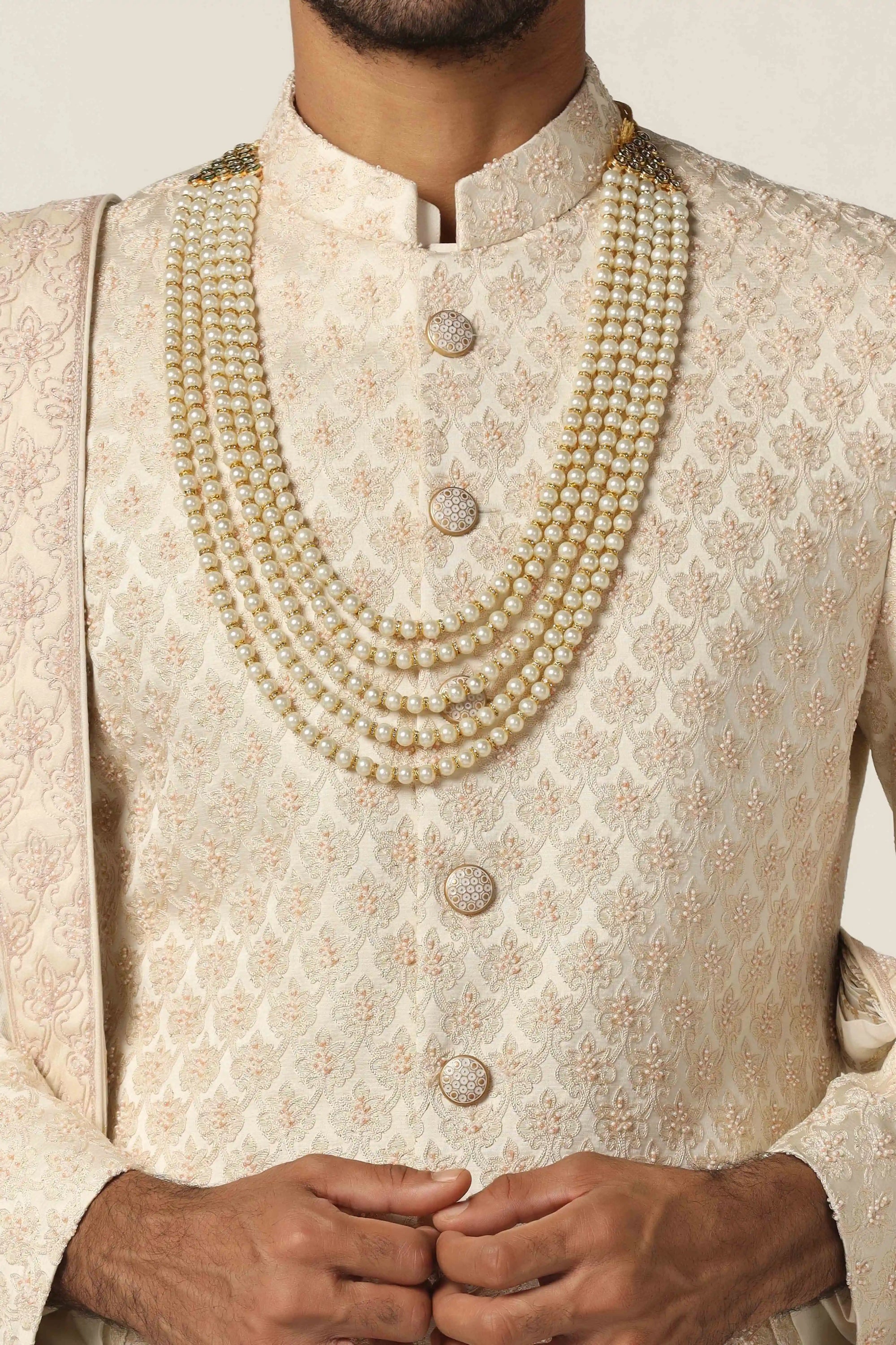 Elevate your style with Raw silk Sherwani set with intricate geometric pattern embroidery. Shop Now!