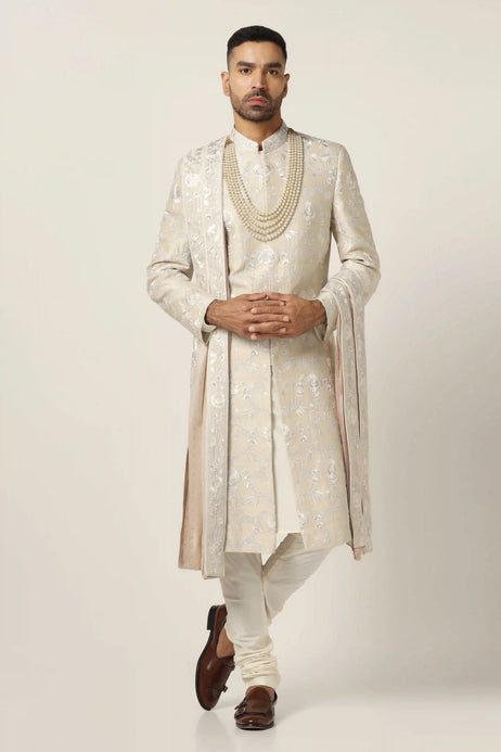 Brahaan White Embroidered Sherwani for Groom