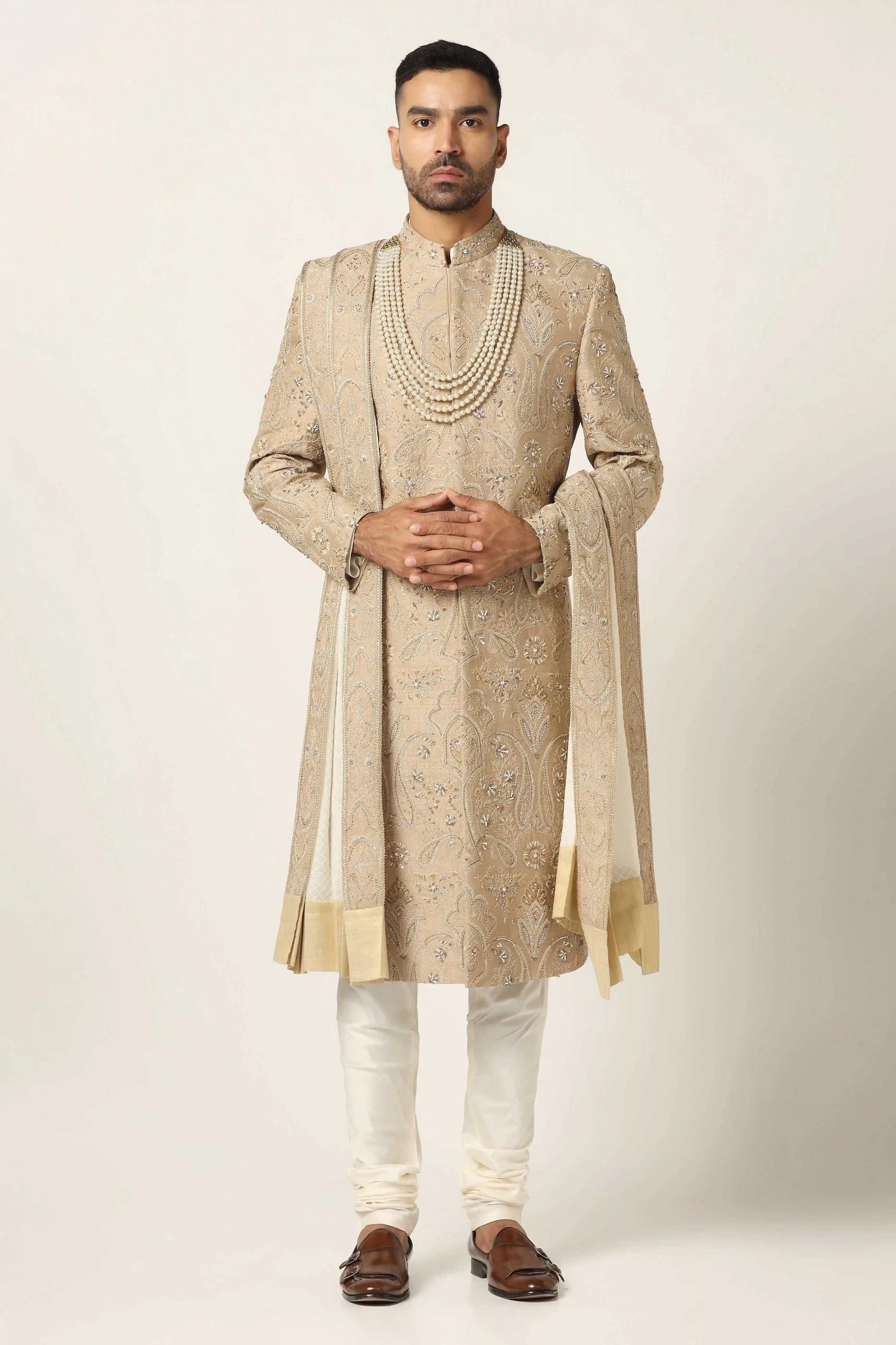 Brahaan Beige Embroidery Sherwani for Groom
