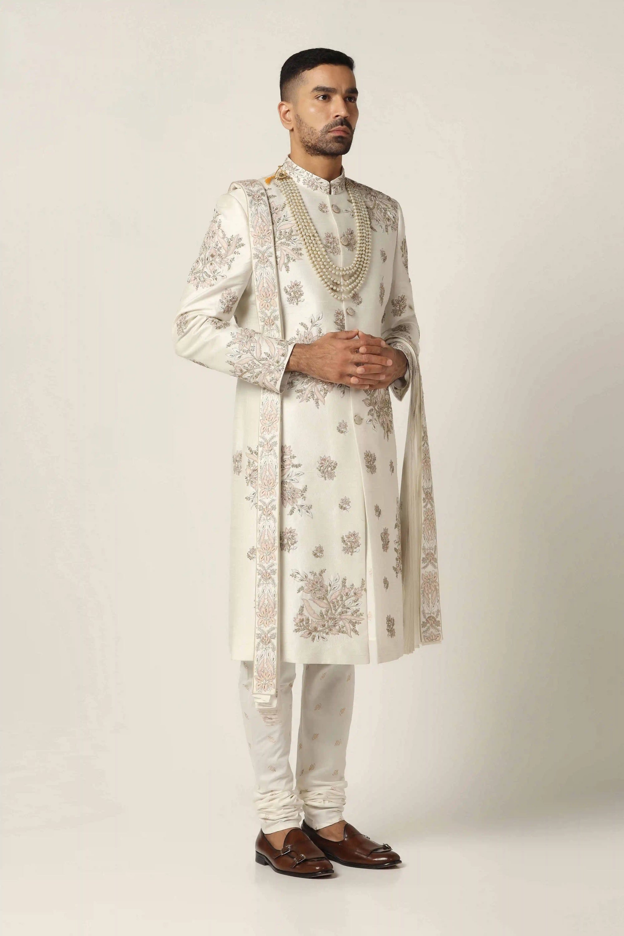 Experience timeless charm with the Zari White Embroidered Sherwani. Shop now!