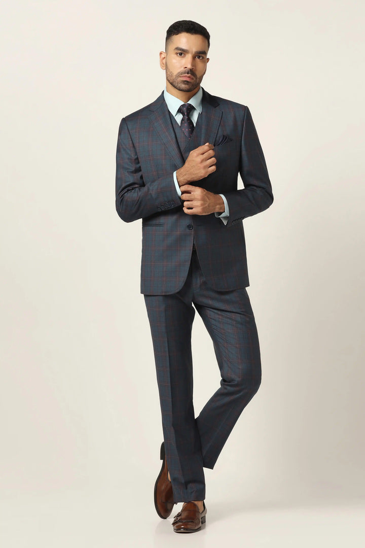 Stand out in the Blue Checked 3-Piece Suit, perfect for a smart, modern look. Shop now!