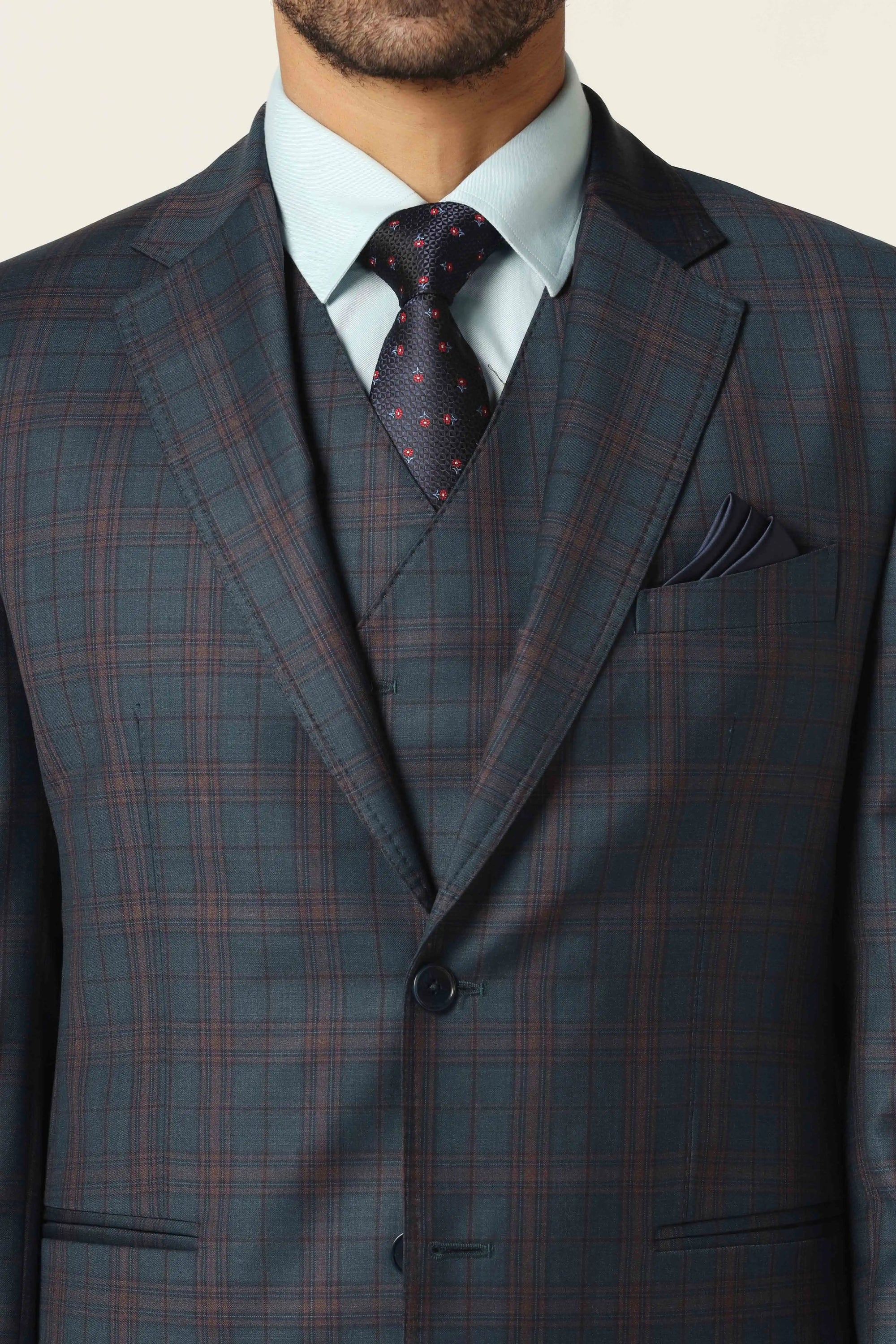 Stand out in the Blue Checked 3-Piece Suit, perfect for a smart, modern look. Shop now!