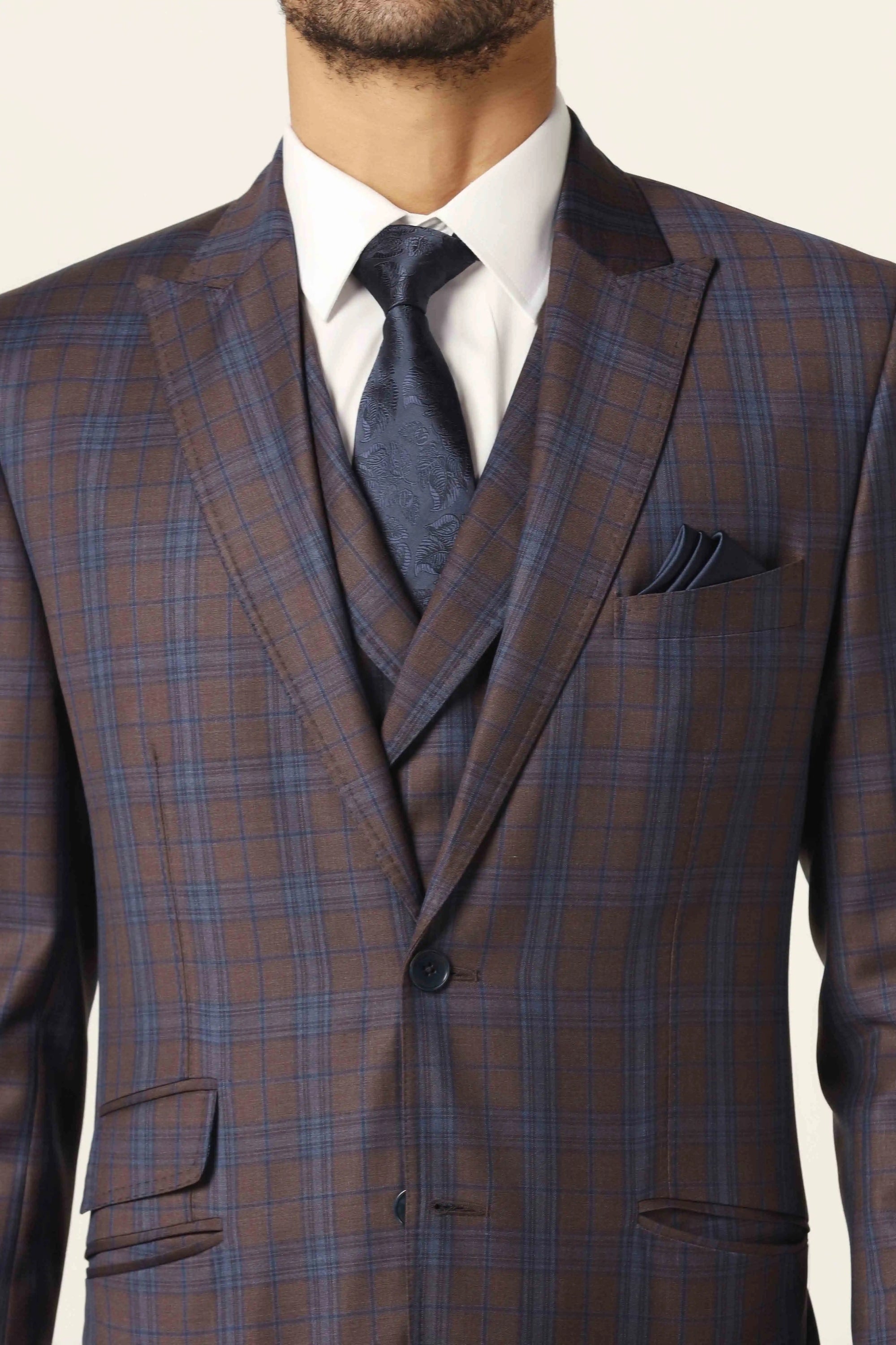Dive into luxury with our premium fine wool blend 3-piece suit. Shop Now!