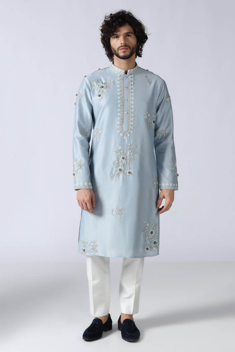 Brahaan Light Blue Embroidered Kurta Set for Men
