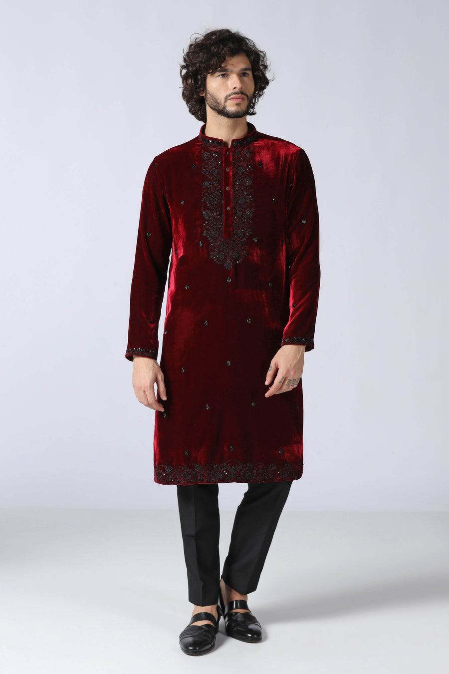 Wine Velvet Kurta Set