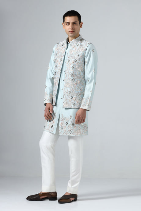 Brahaan Aqua Embroidered Jacket Set for Raksha Bandhan