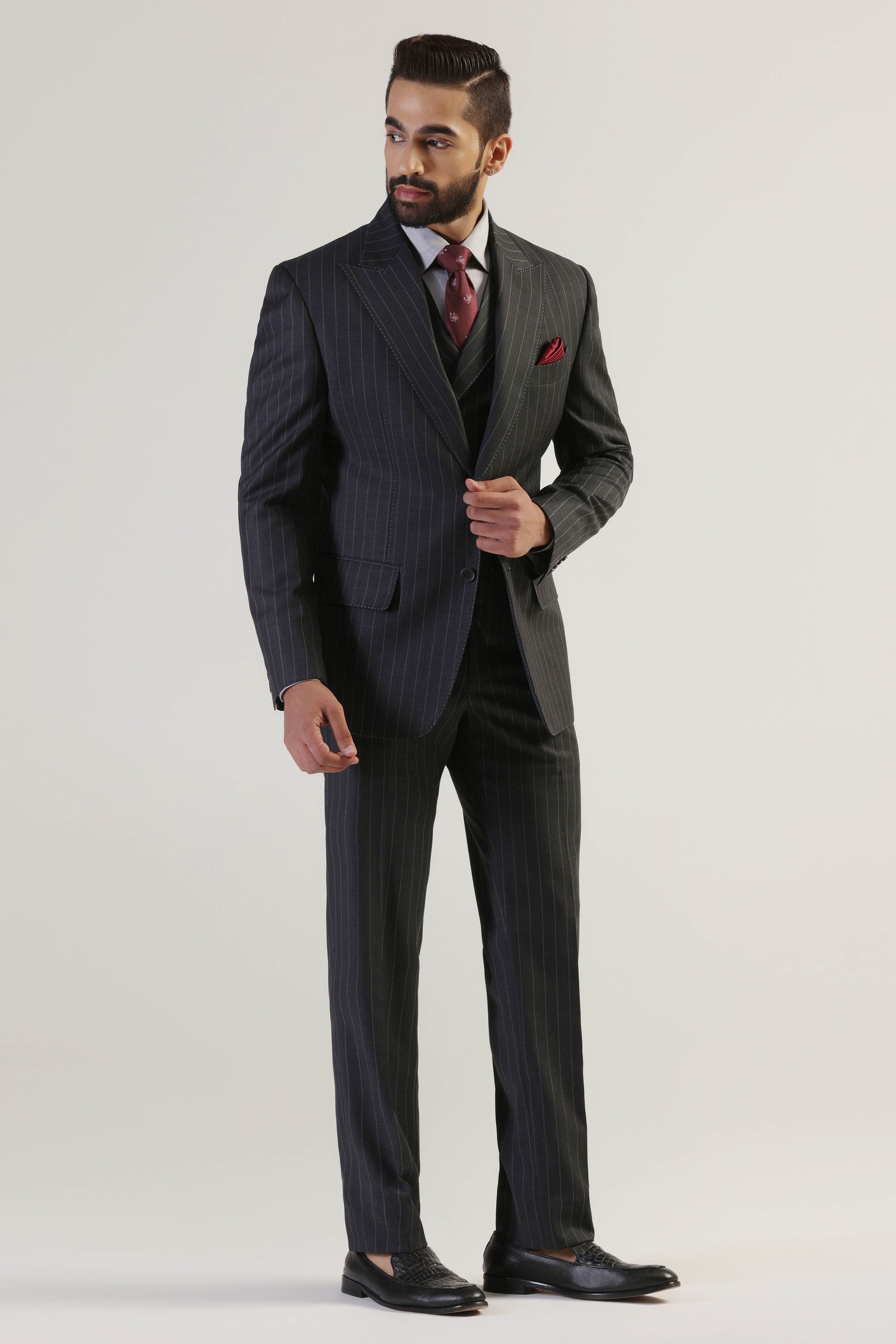 Upgrade your professional attire with our Grey Pinstripe Suit. Shop Now!