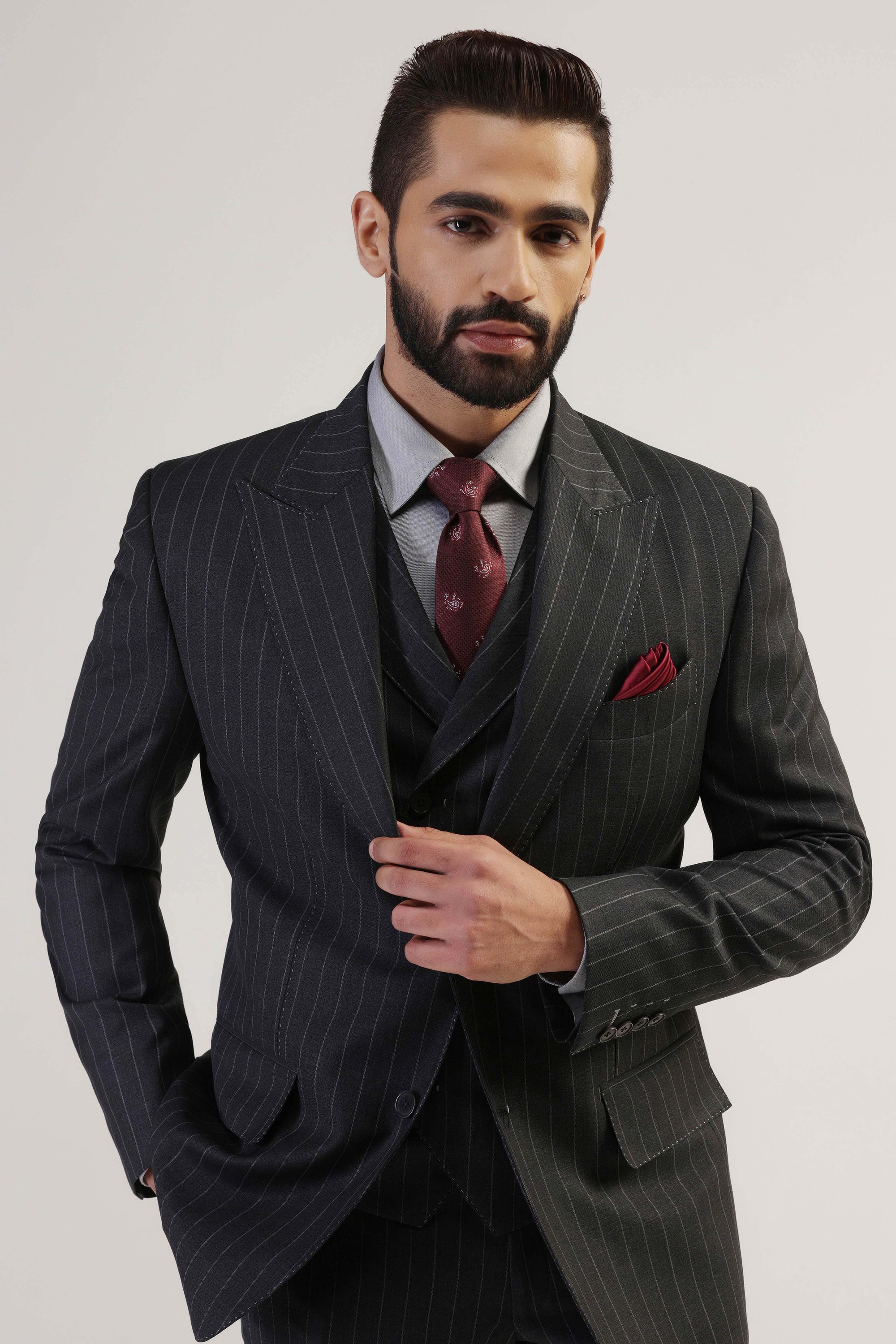 Upgrade your professional attire with our Grey Pinstripe Suit. Shop Now!