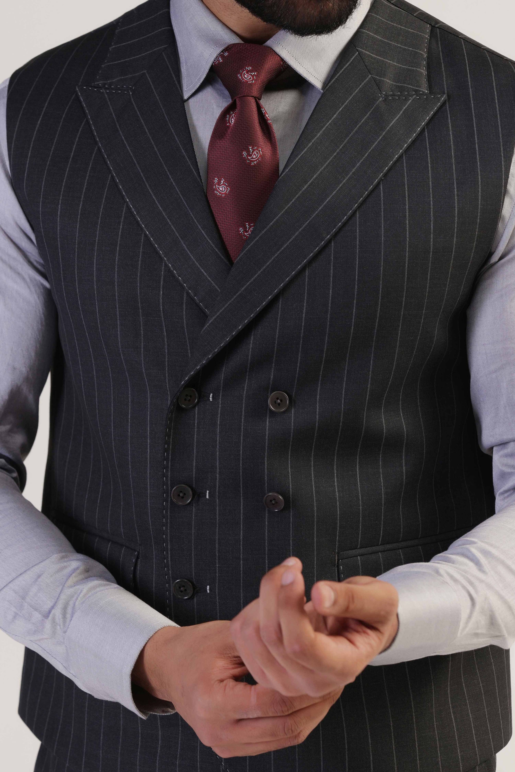 Upgrade your professional attire with our Grey Pinstripe Suit. Shop Now!