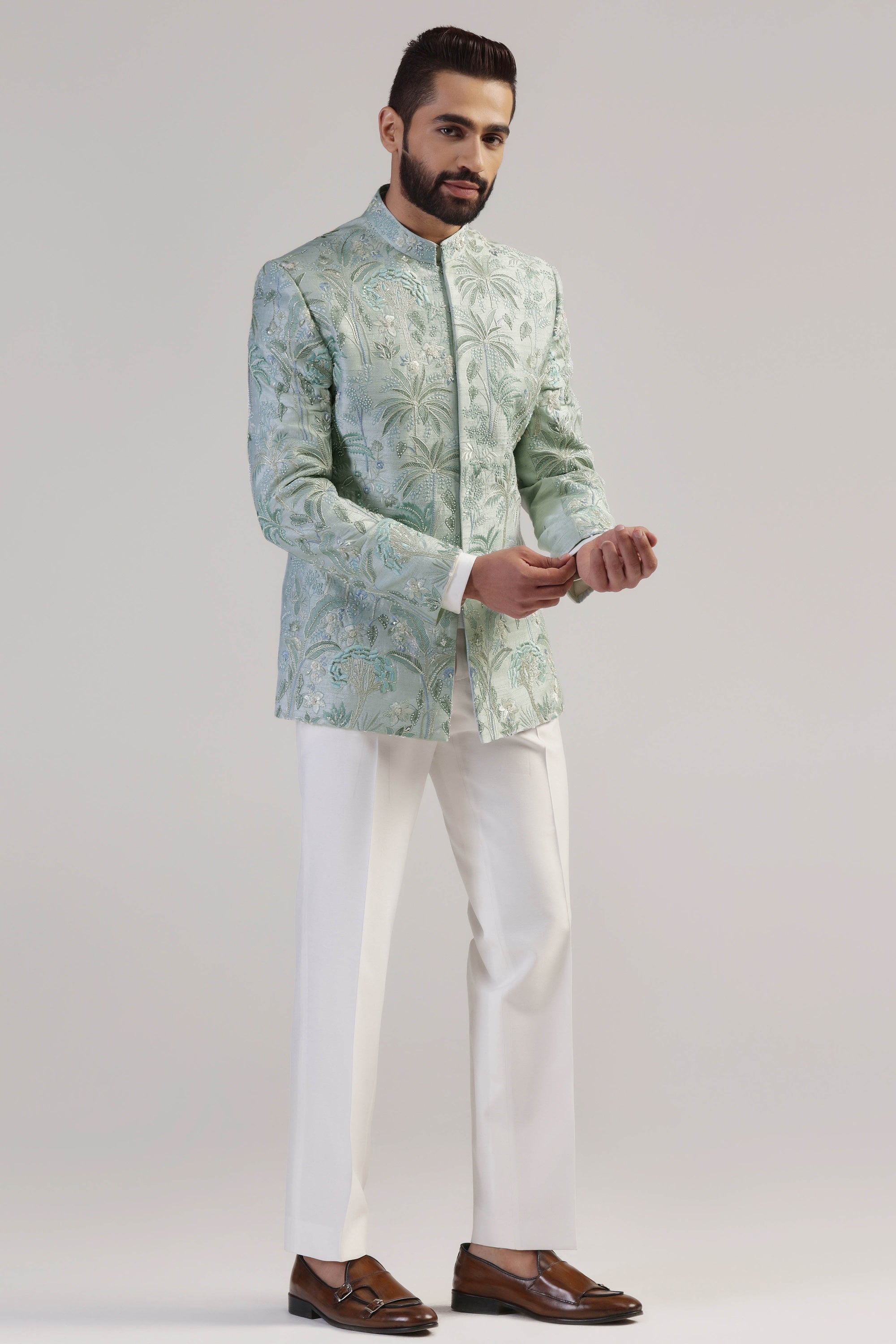 This light green embroidered bandhgala suit is a timeless and elegant choice. Shop Now!
