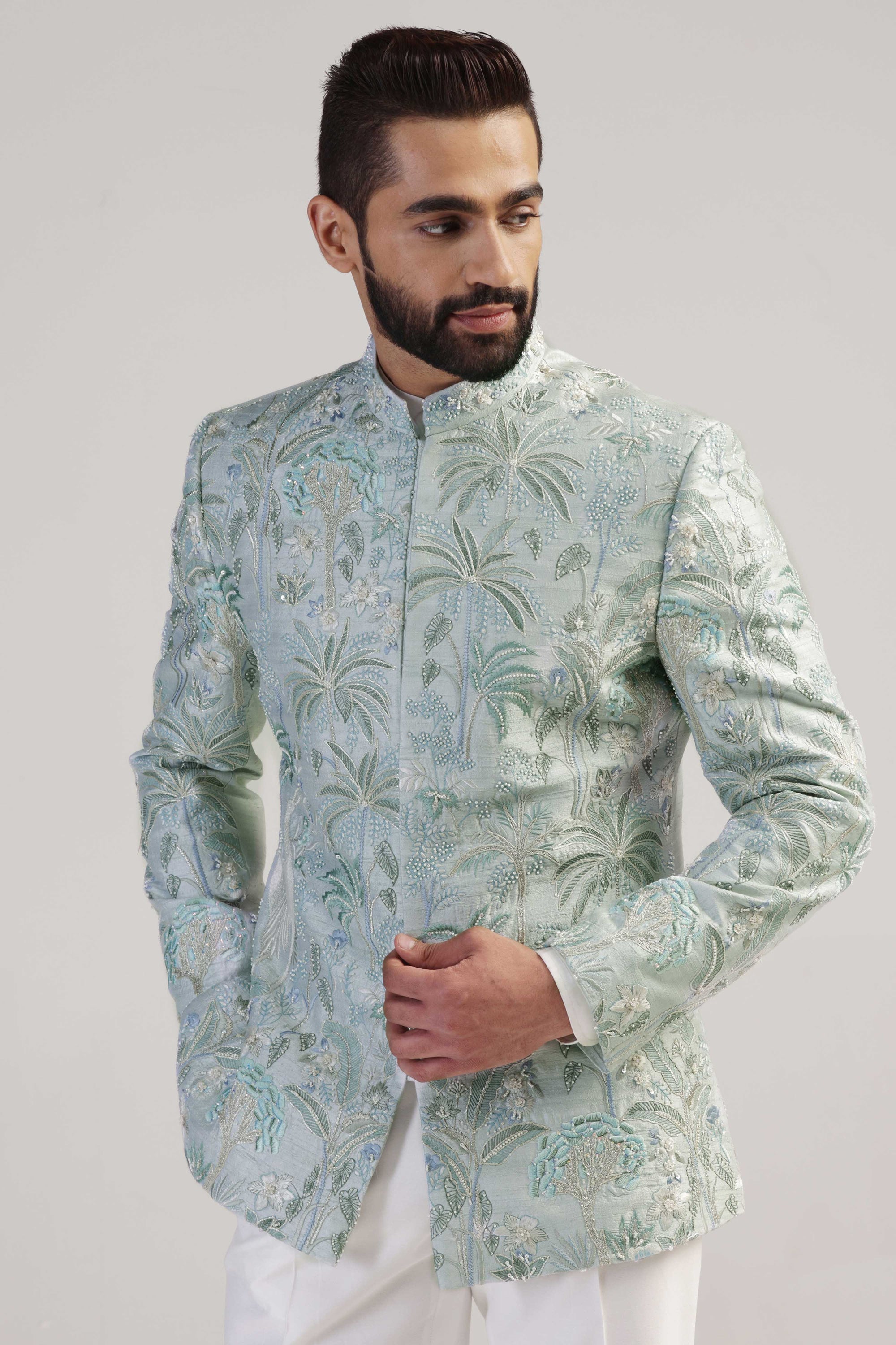 This light green embroidered bandhgala suit is a timeless and elegant choice. Shop Now!