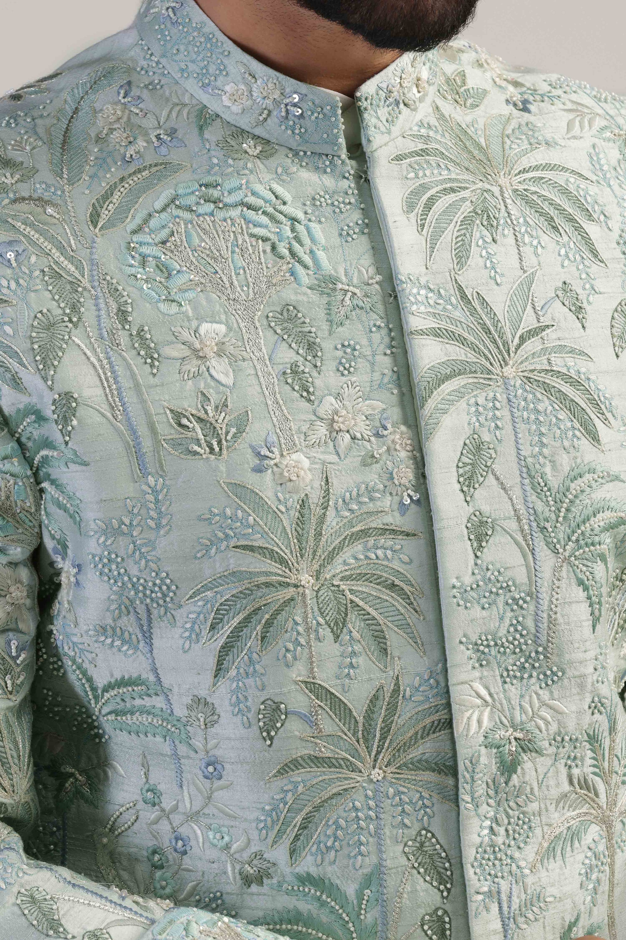 This light green embroidered bandhgala suit is a timeless and elegant choice. Shop Now!