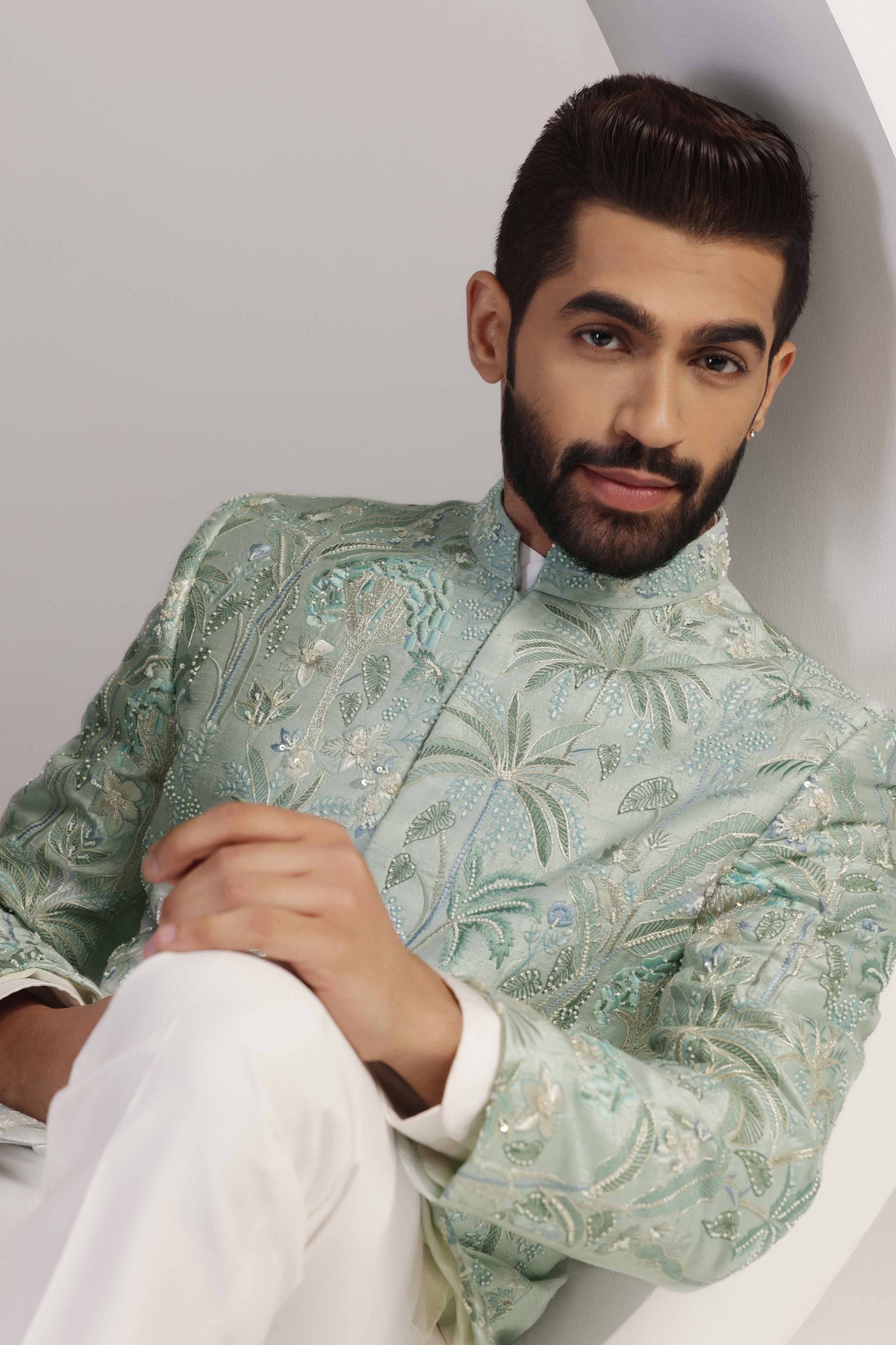 This light green embroidered bandhgala suit is a timeless and elegant choice. Shop Now!