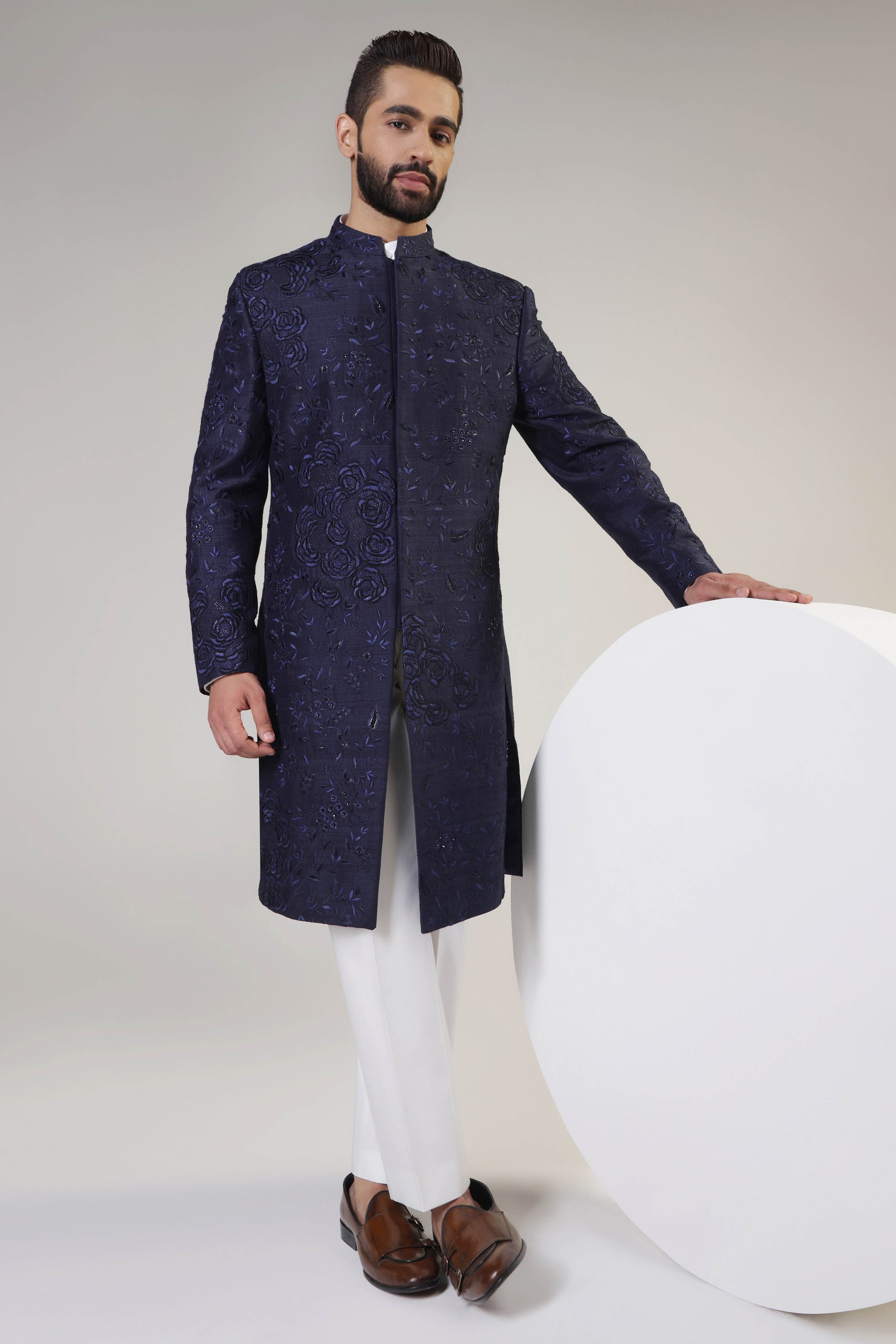 Take your formal attire to the next level with our Navy Embroidered Sherwani. Shop Now!
