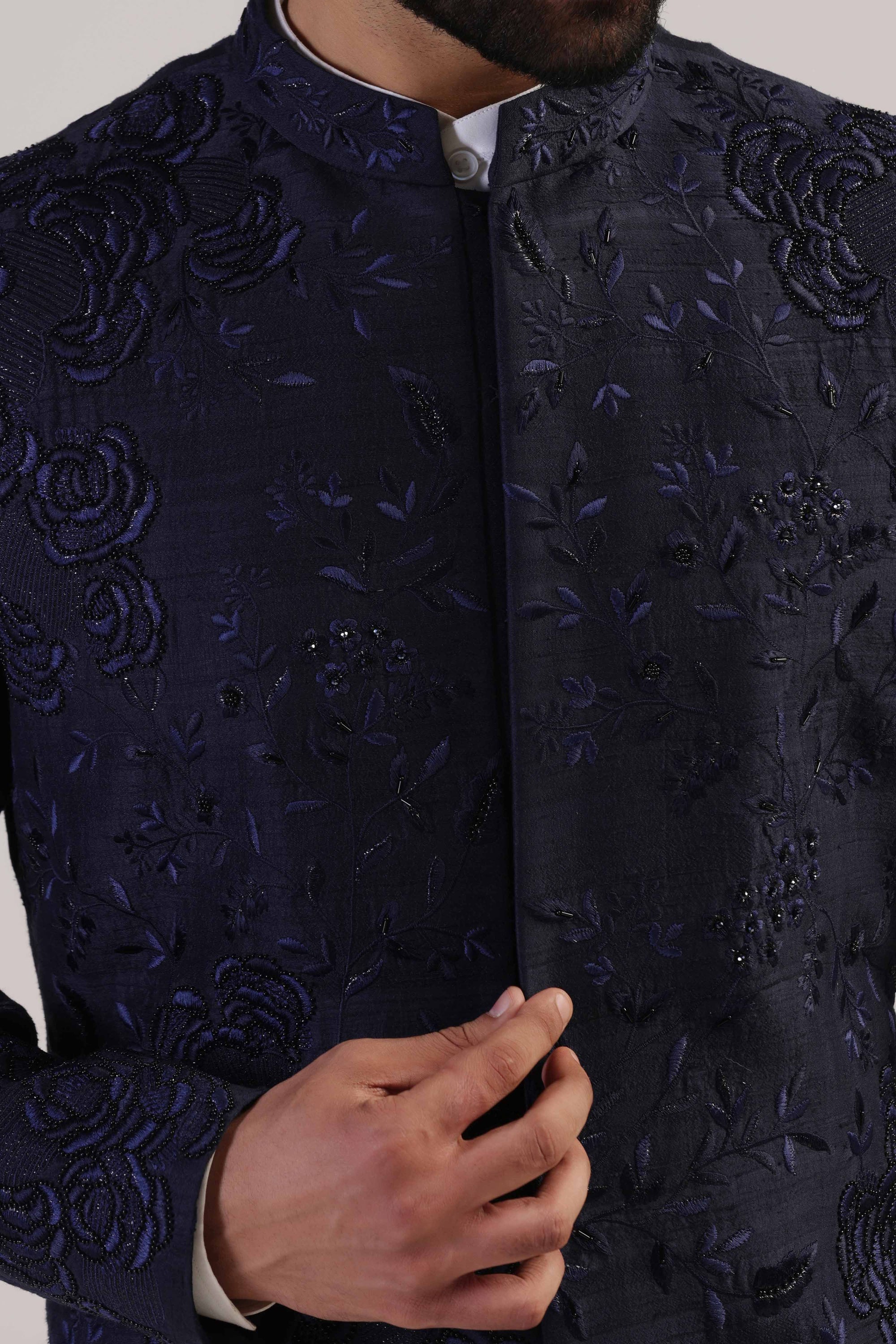 Take your formal attire to the next level with our Navy Embroidered Sherwani. Shop Now!
