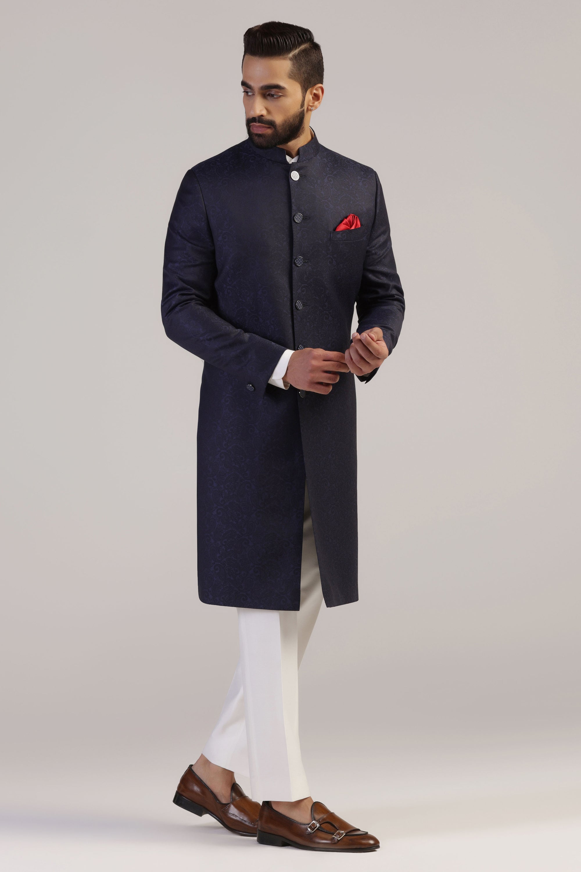 Elevate style with our Navy Jacquard Indowestern, crafted from Italian wool jacquard fabric. Shop Now!