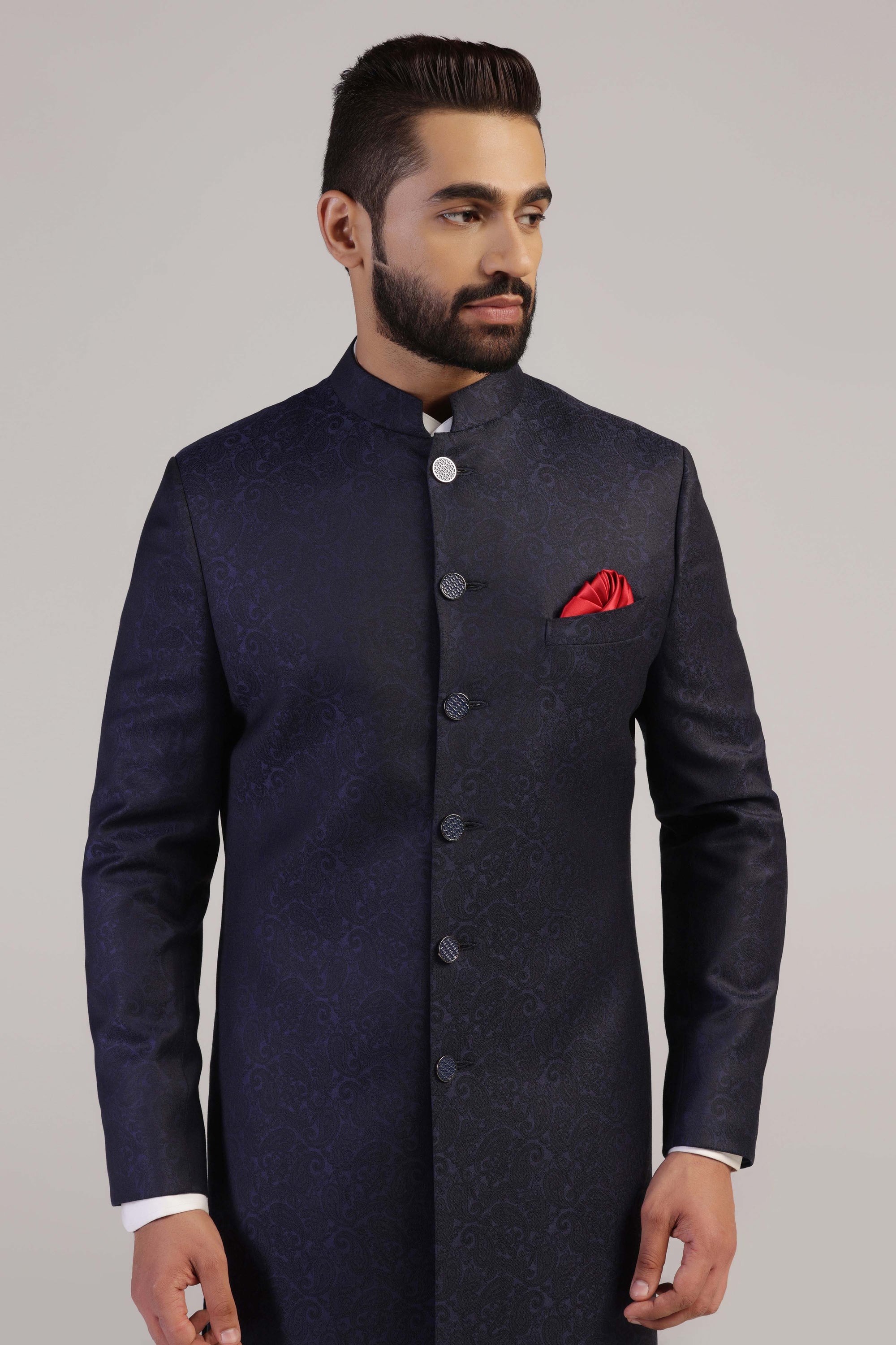 Elevate style with our Navy Jacquard Indowestern, crafted from Italian wool jacquard fabric. Shop Now!