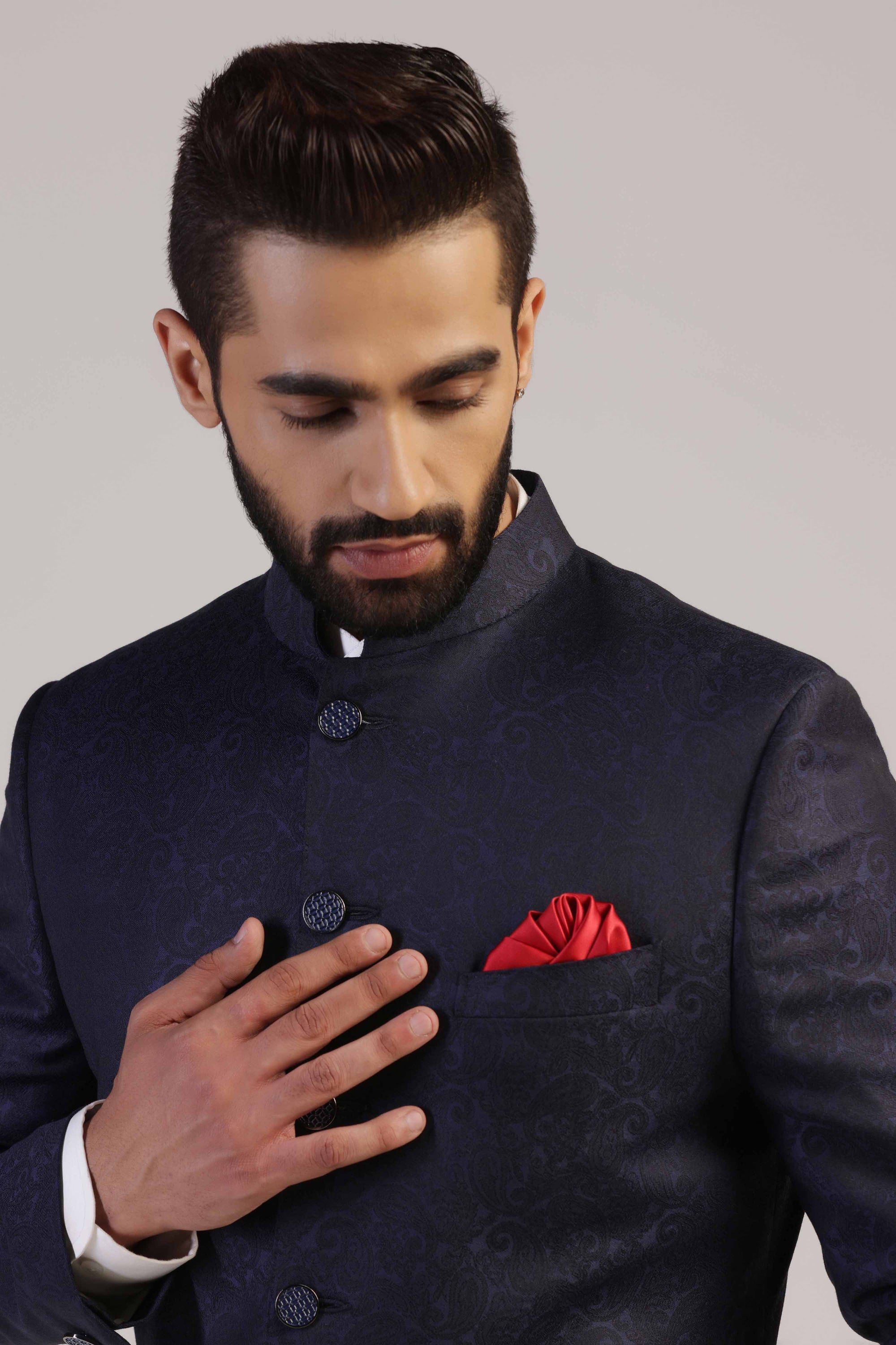 Elevate style with our Navy Jacquard Indowestern, crafted from Italian wool jacquard fabric. Shop Now!