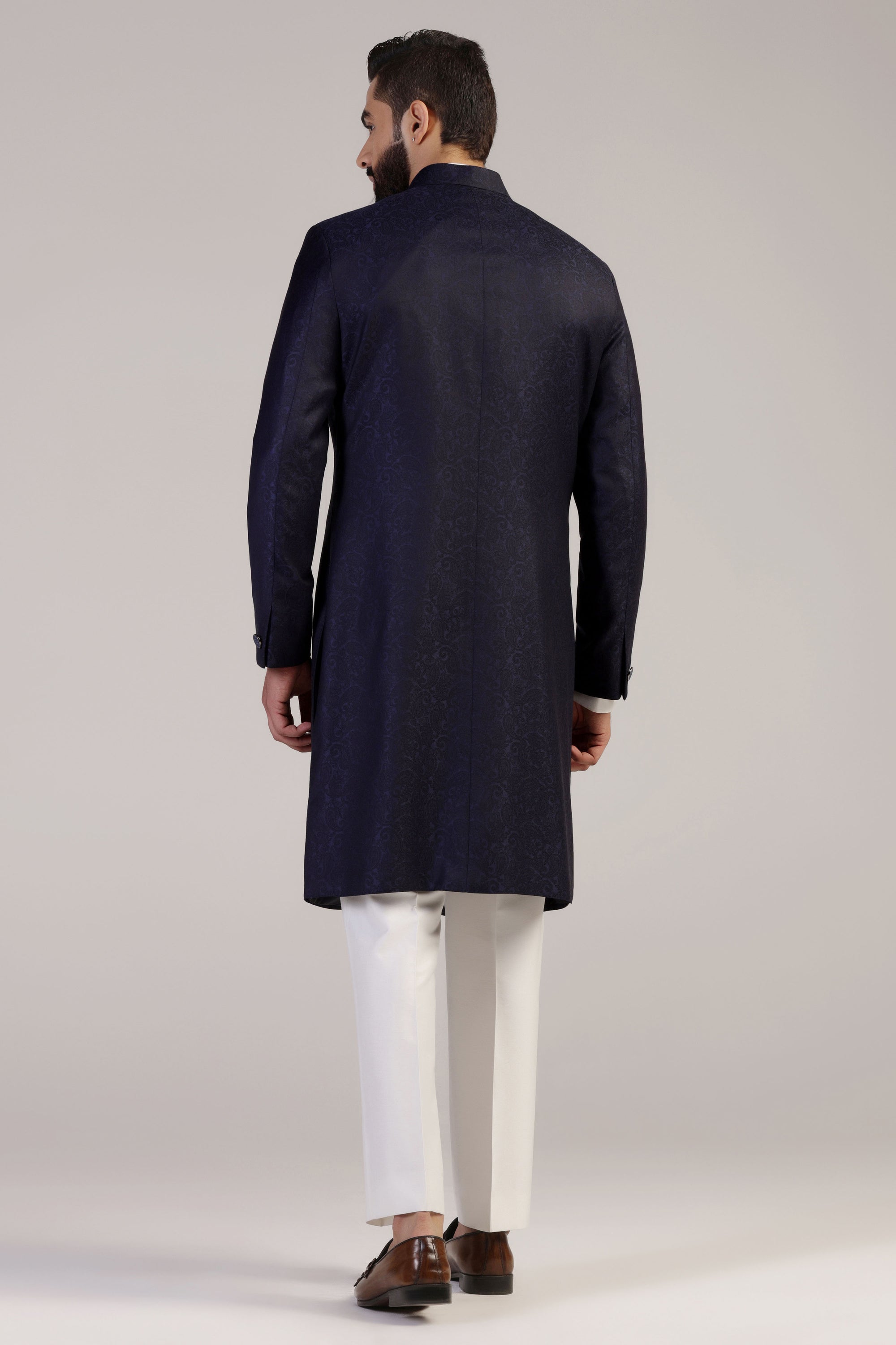 Elevate style with our Navy Jacquard Indowestern, crafted from Italian wool jacquard fabric. Shop Now!