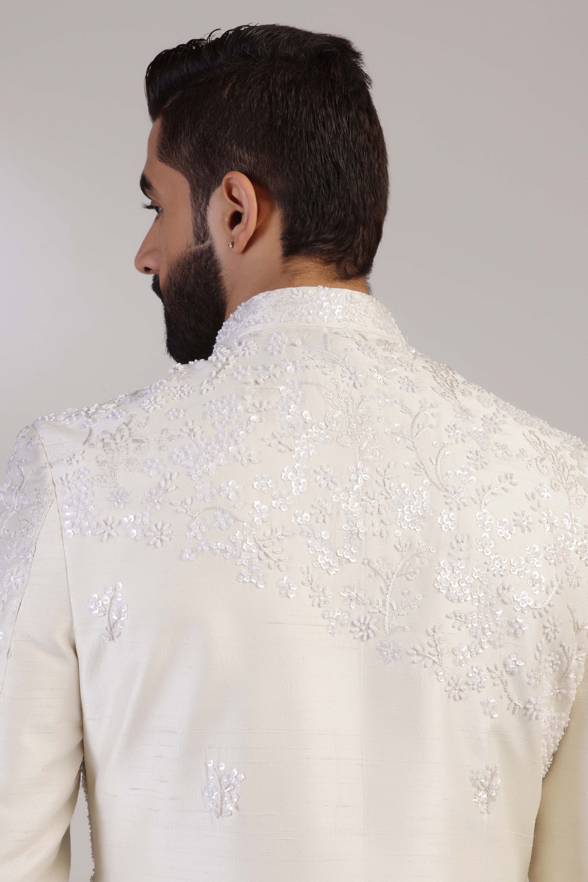 Experience the blend of traditional and modern with our Ivory Embroidered Indowestern!  Shop Now!