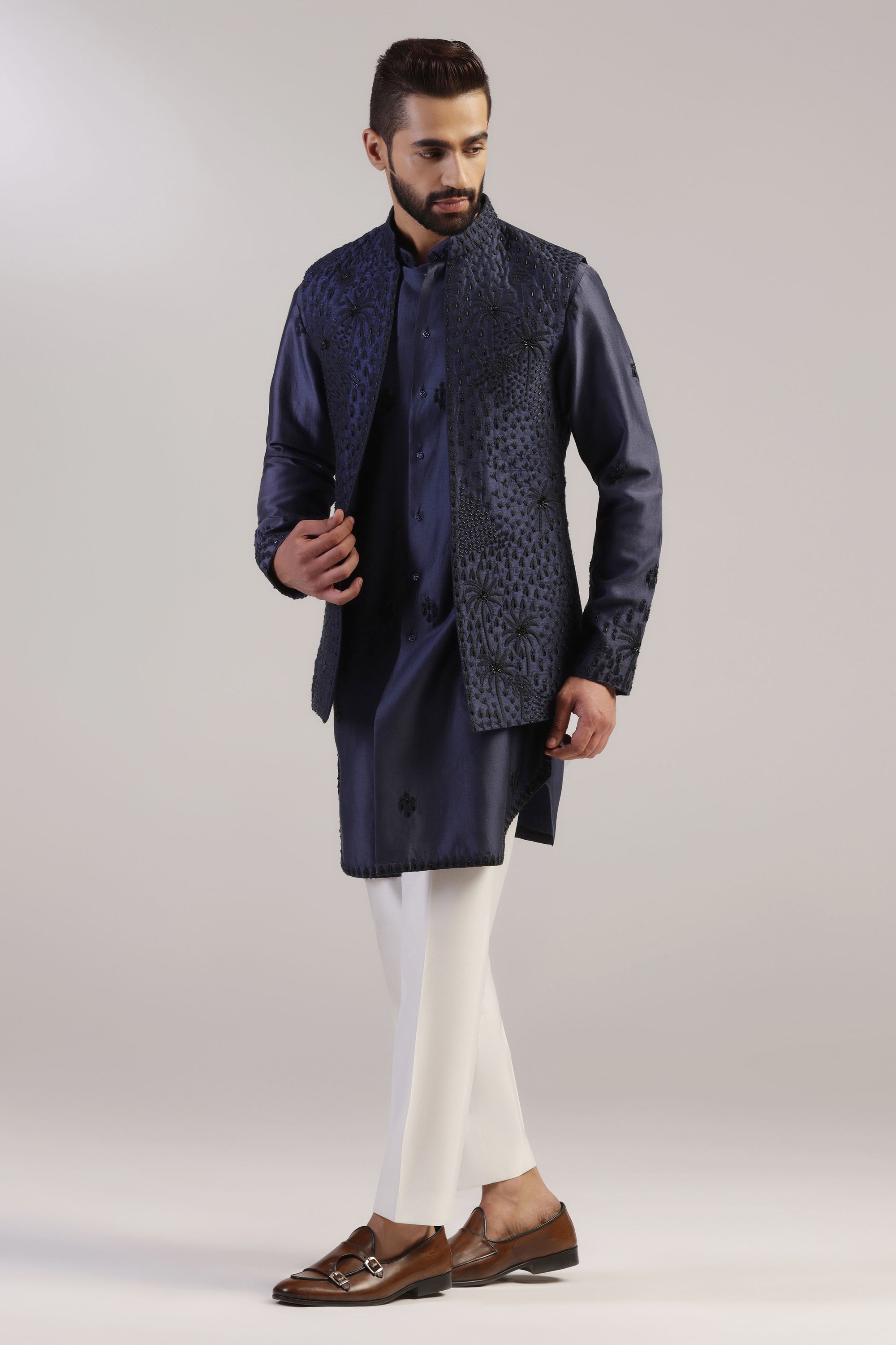 Enhance your wardrobe with our Navy Embroidered Jacket Set. Shop Now!