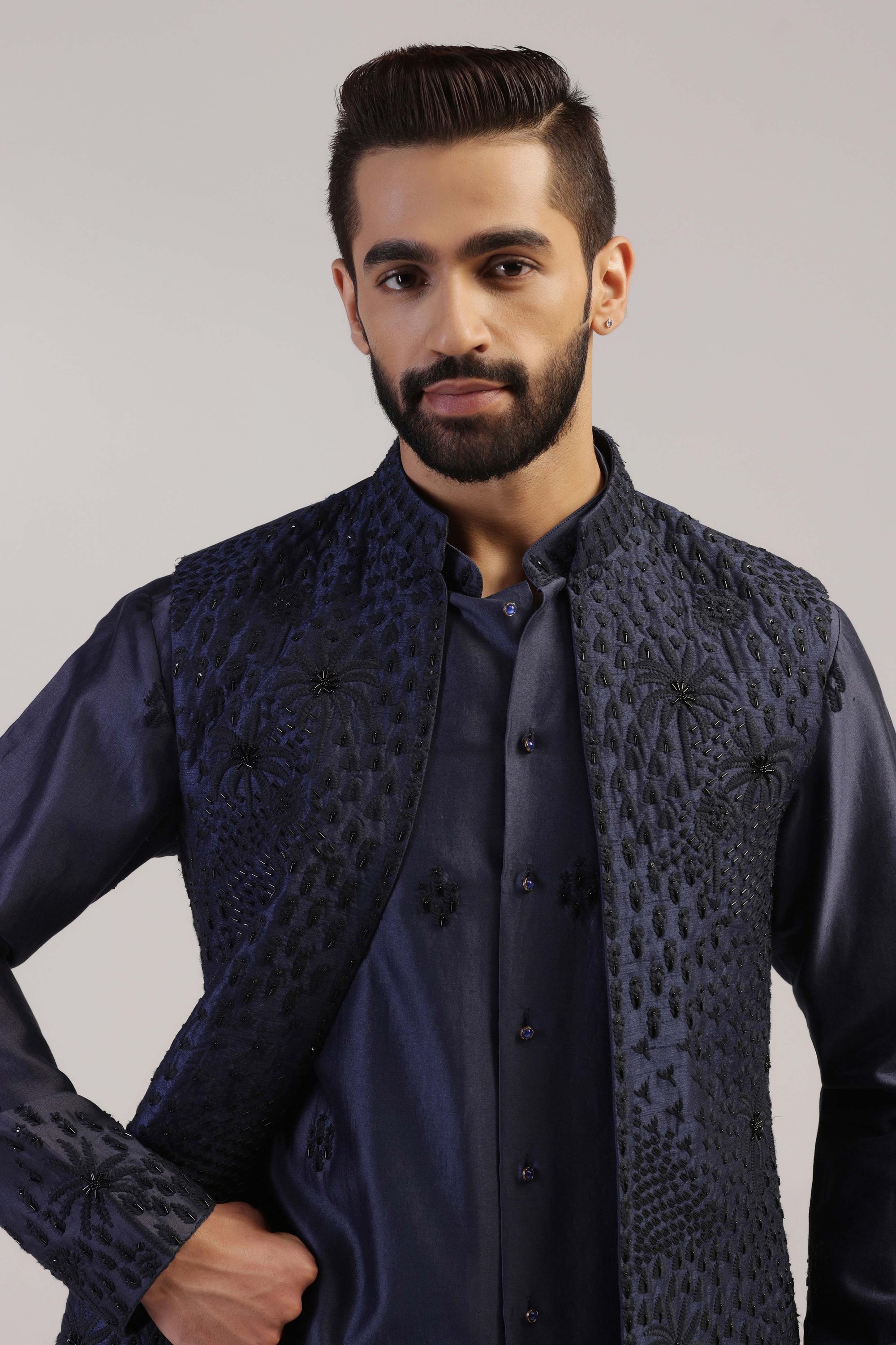 Enhance your wardrobe with our Navy Embroidered Jacket Set. Shop Now!