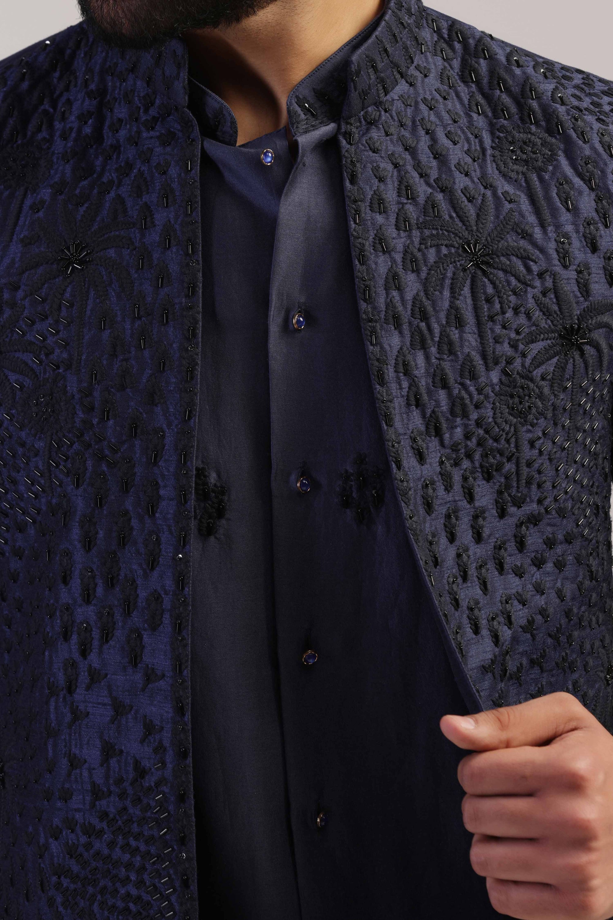 Enhance your wardrobe with our Navy Embroidered Jacket Set. Shop Now!
