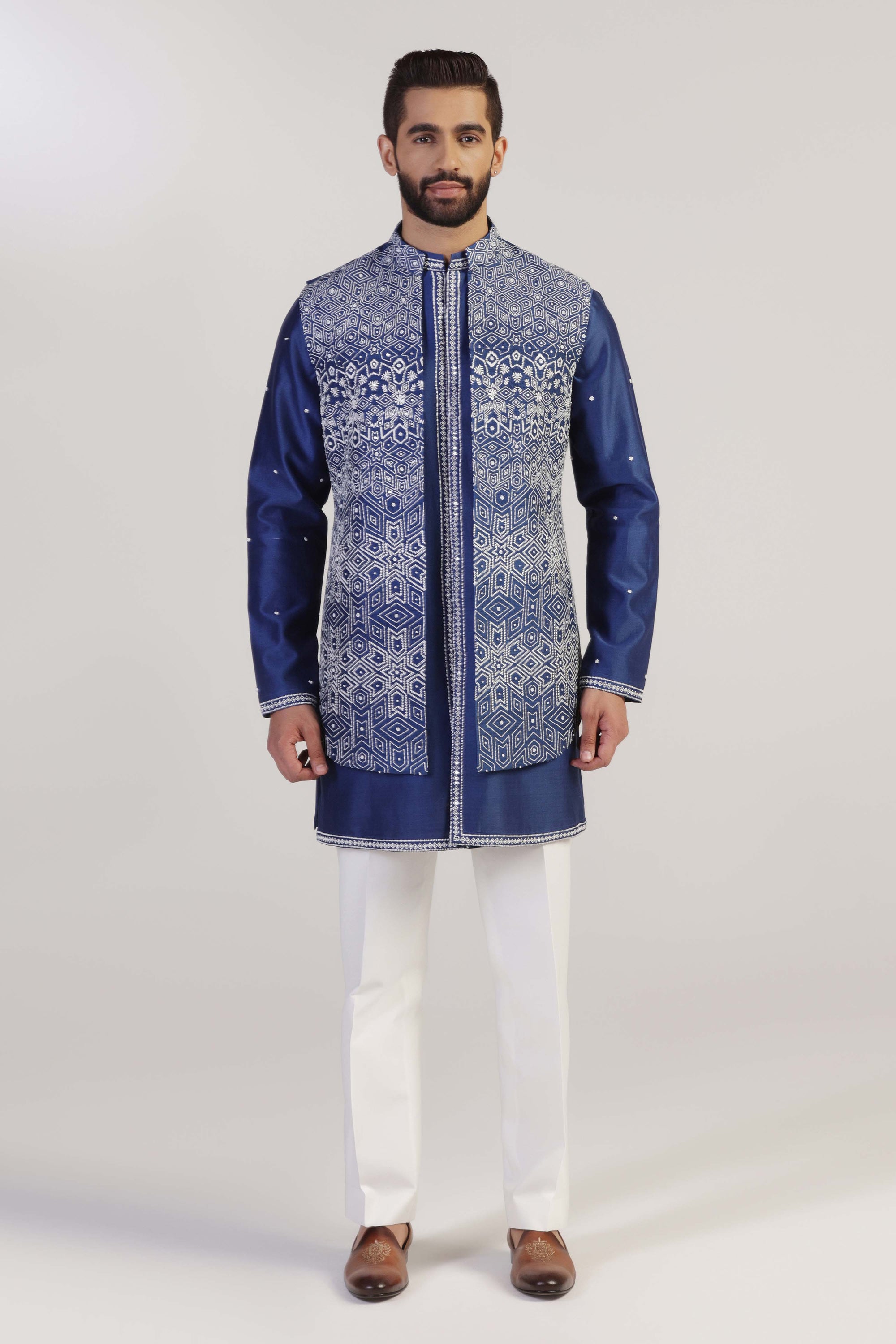 This Cobalt Blue Jacket Set is crafted from luxurious raw silk. Shop Now!