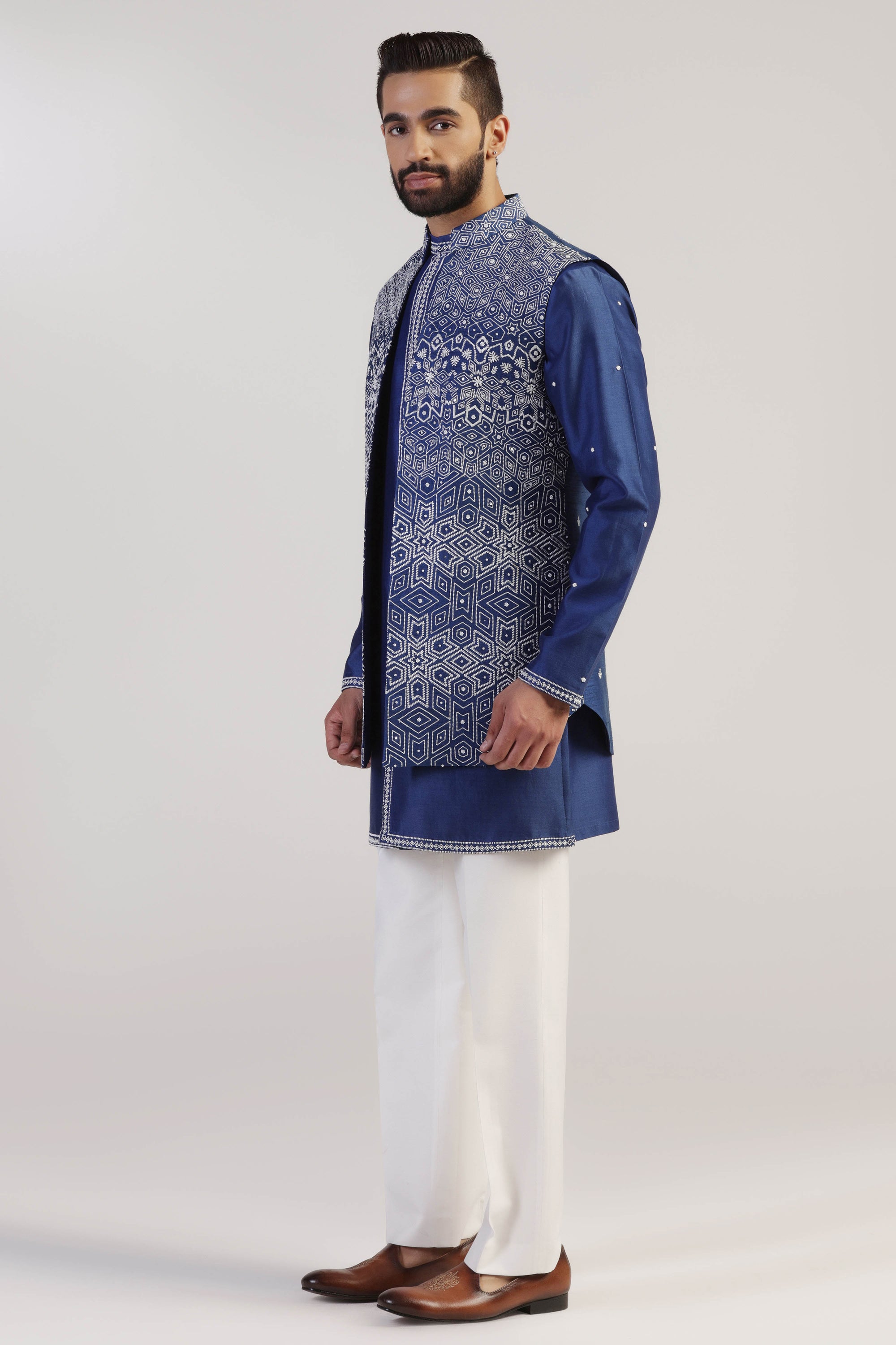 This Cobalt Blue Jacket Set is crafted from luxurious raw silk. Shop Now!
