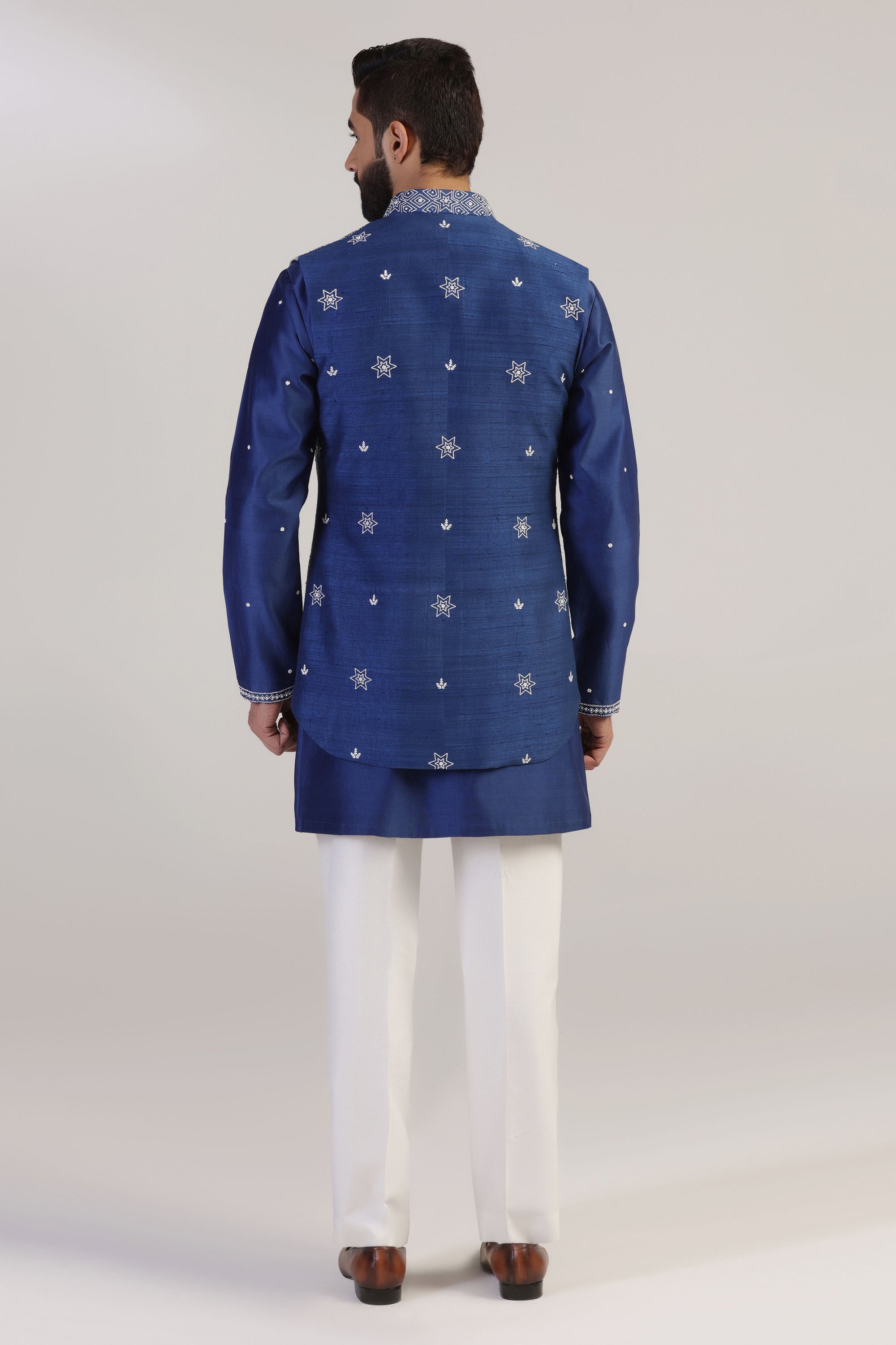 This Cobalt Blue Jacket Set is crafted from luxurious raw silk. Shop Now!