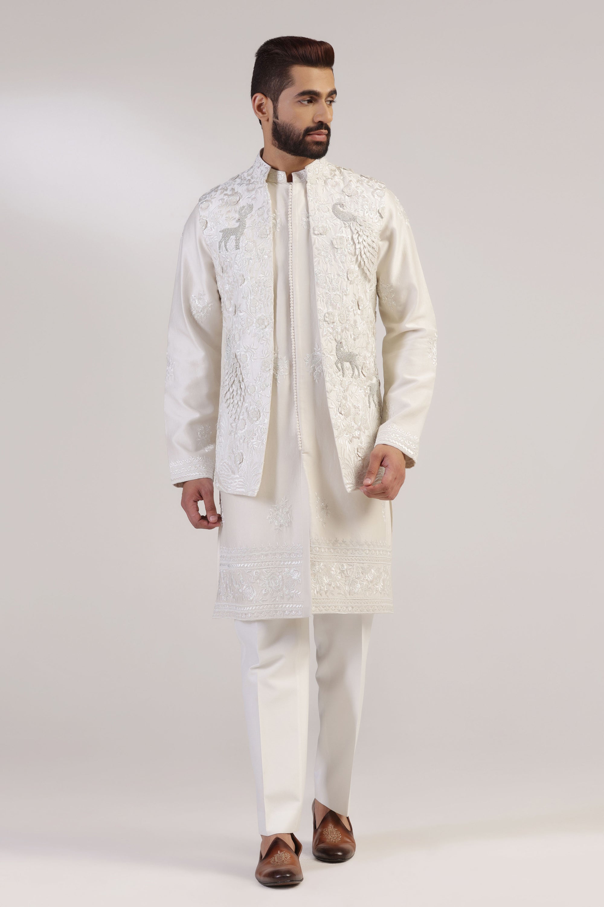 Introducing the Ivory Open Jacket Set, crafted from luxurious raw silk fabric. Shop Now!