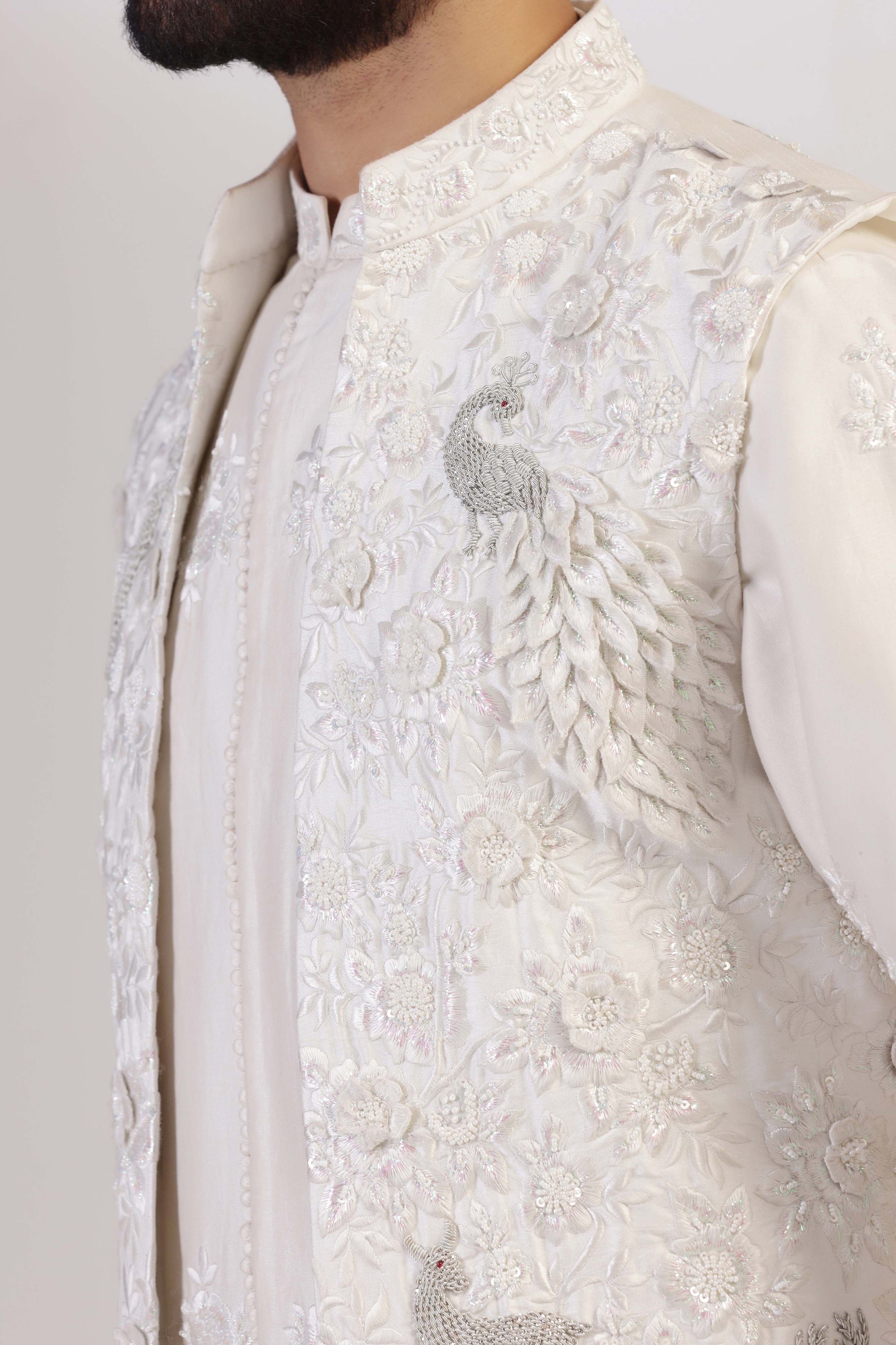 Introducing the Ivory Open Jacket Set, crafted from luxurious raw silk fabric. Shop Now!