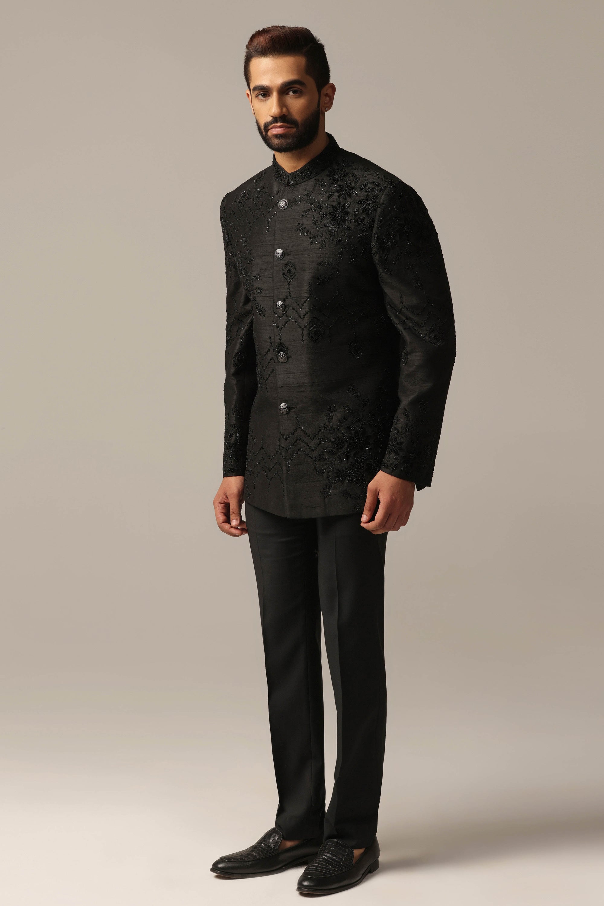 Experience elegance and luxury with our Black Embroidered Bandhgala suit. Shop Now!