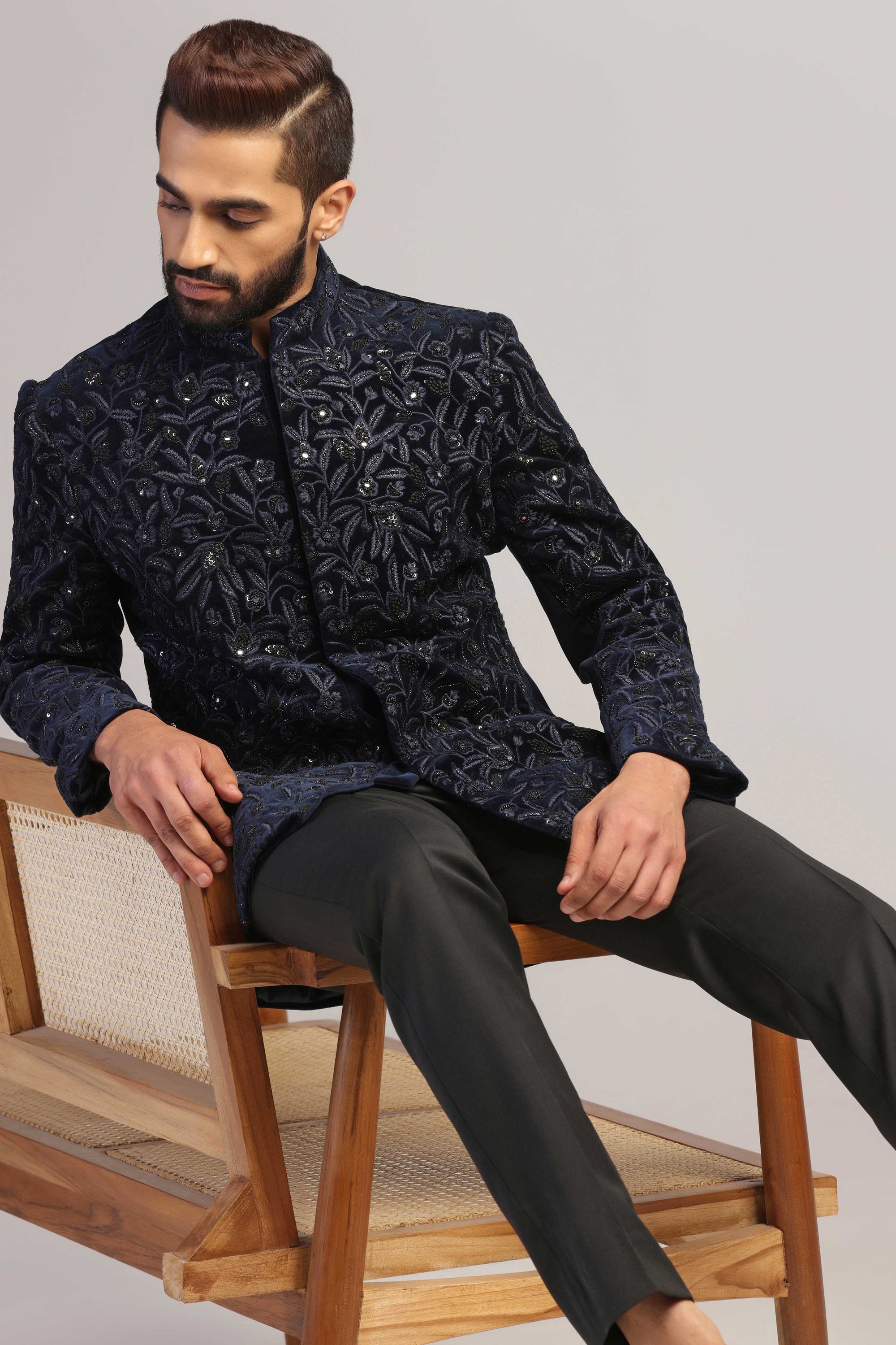 Our Navy Velvet Bandhgala is the perfect addition to any wardrobe. Shop Now!