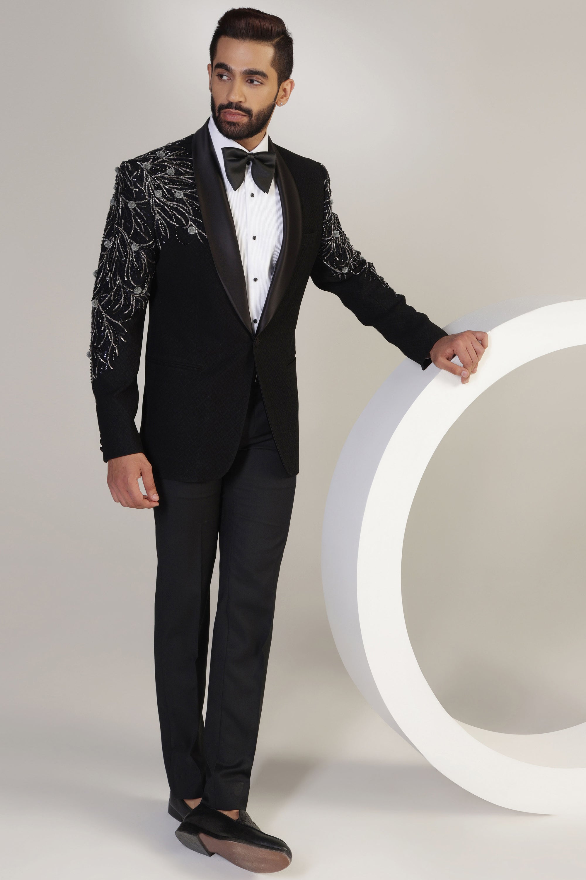 Elevate your formal look with our Black Embroidered Tuxedo. Shop Now!