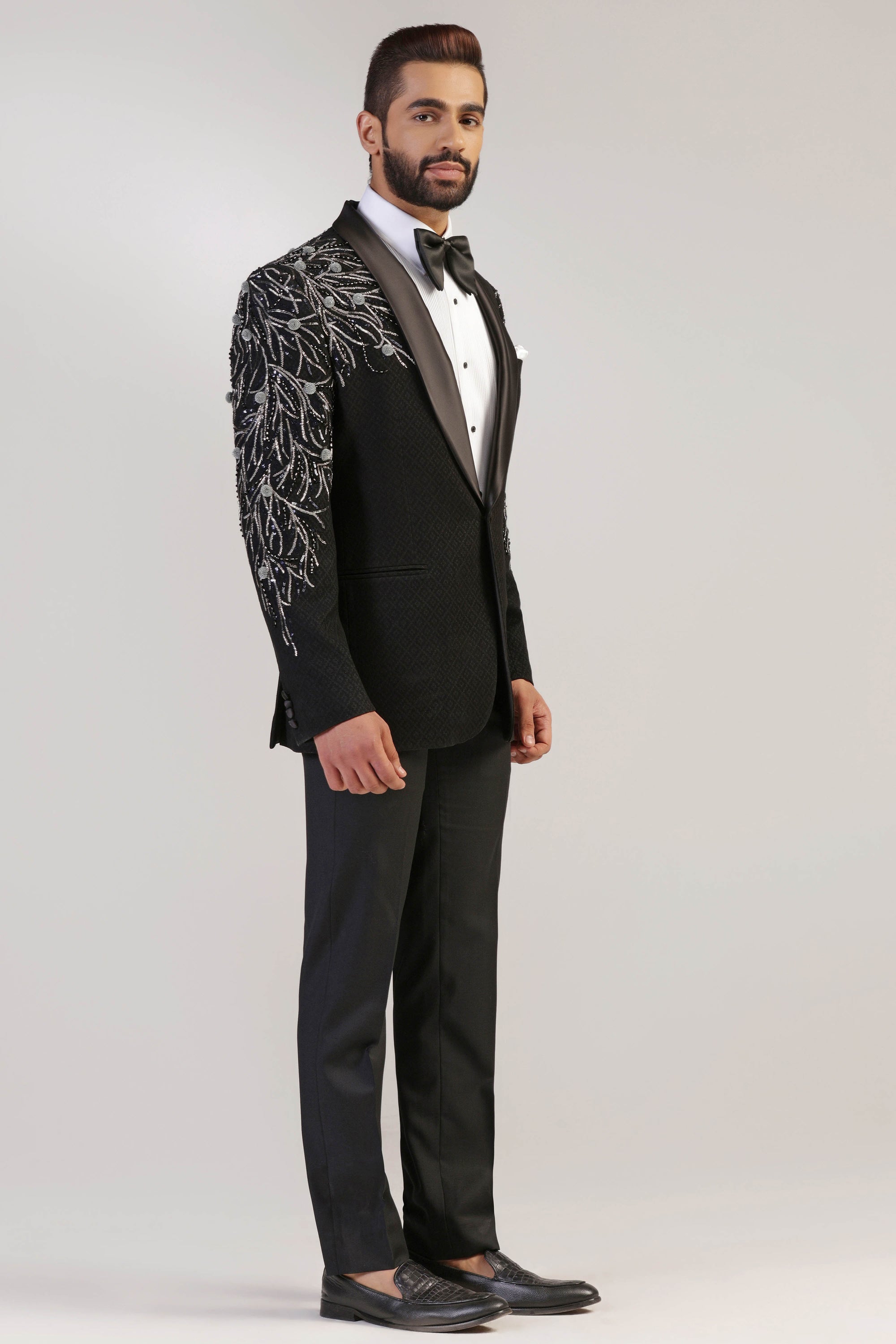 Elevate your formal look with our Black Embroidered Tuxedo. Shop Now!