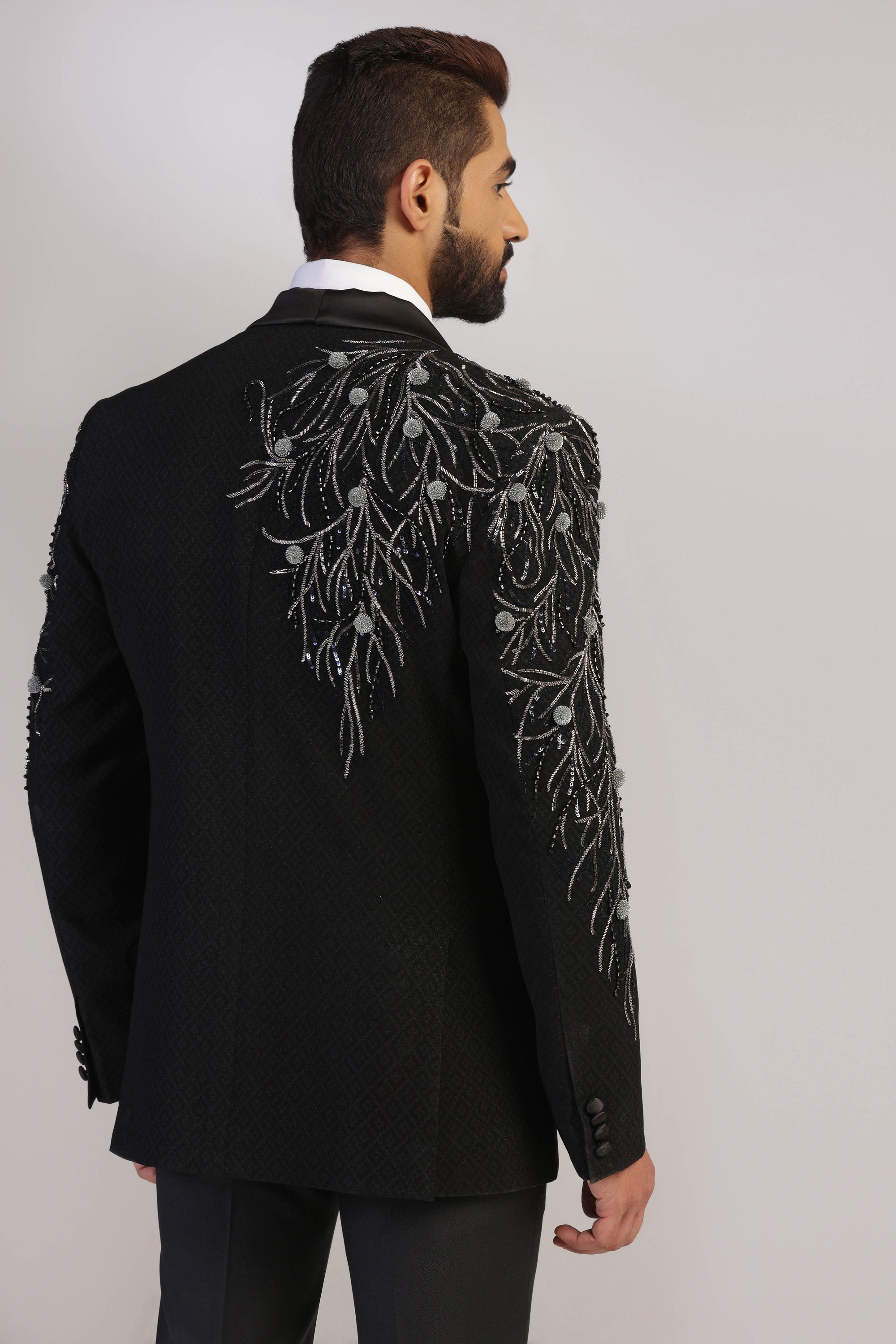 Elevate your formal look with our Black Embroidered Tuxedo. Shop Now!