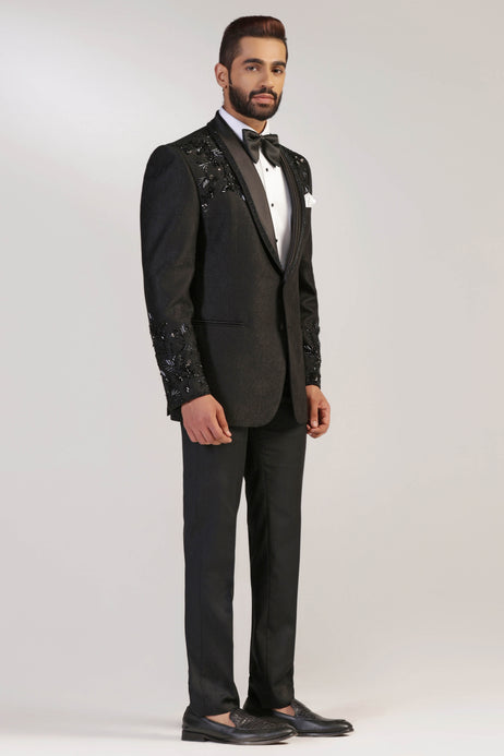 Brahaan Black Jacquard Tuxedo for Men